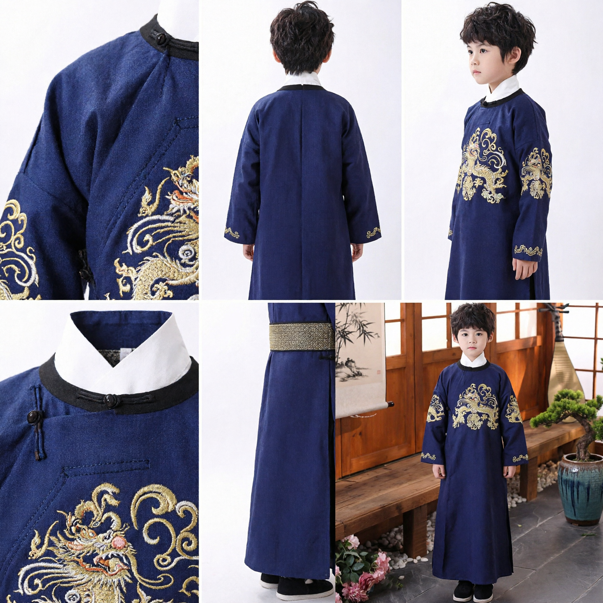 Traditionelle chinesische blaue Tang-Jacke, bestickter Drachenmantel, Kinder-Hanfu-Kostüm für Jungen - Asian Costume