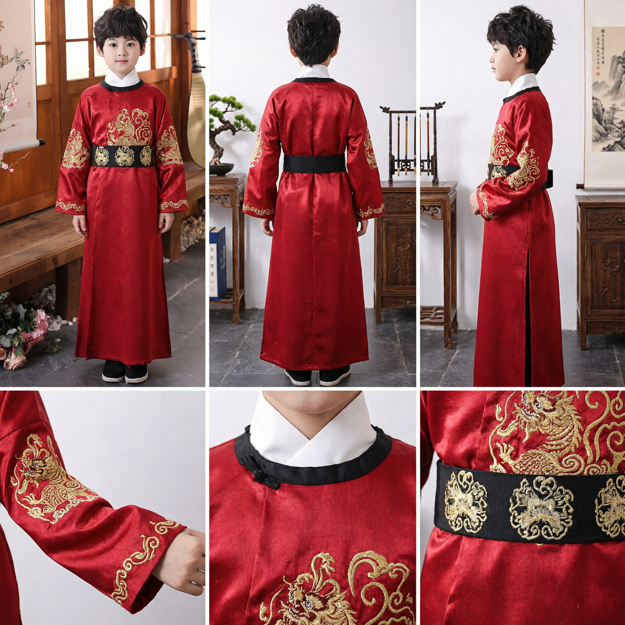 Hanfu tradizionale cinese per bambini maschi, veste antica ricamata con drago rosso, costume Tang per esibizioni nuziali - Asian Costume