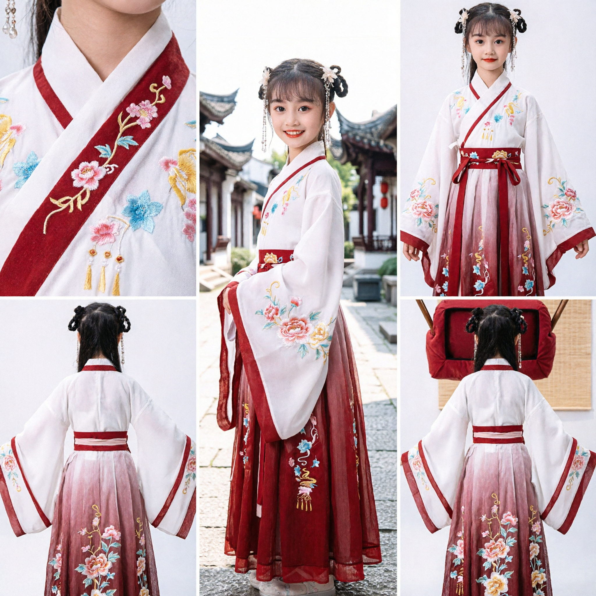 Kids Traditional Chinese Hanfu Costume Girls Ancient Embroidered Red and White Dress for Festival Performance - Asian Costume