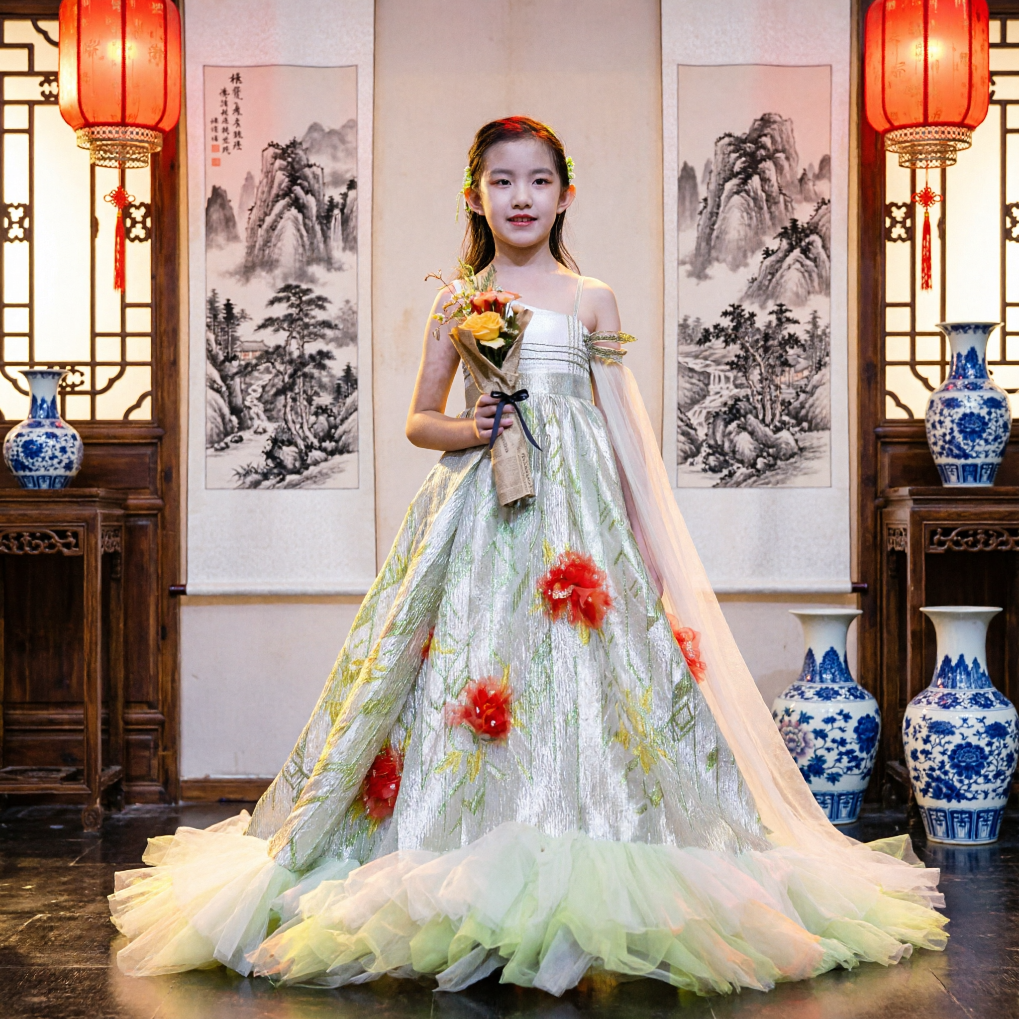Elegante Meisjes Bloemenborduursel Baljurk Podium Optreden Kostuum Kinderen Formele Bruidsmeisjesjurk - Asian Costume