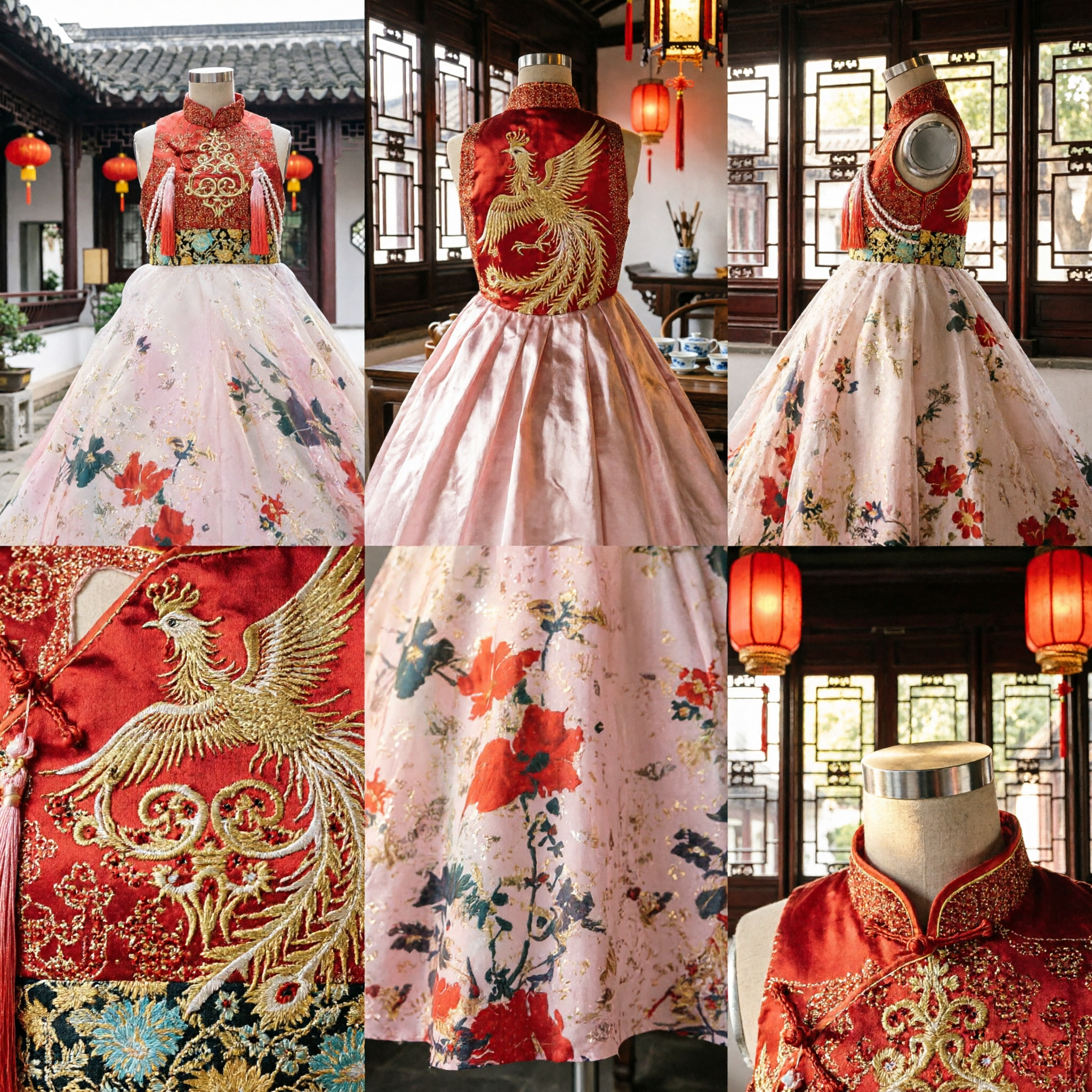 Traditionelles Cheongsam-Kleid für Mädchen, rotes besticktes Oberteil mit rosa Blumen-Ballkleid, Hochzeits-Blumenmädchenkostüm - Asian Costume