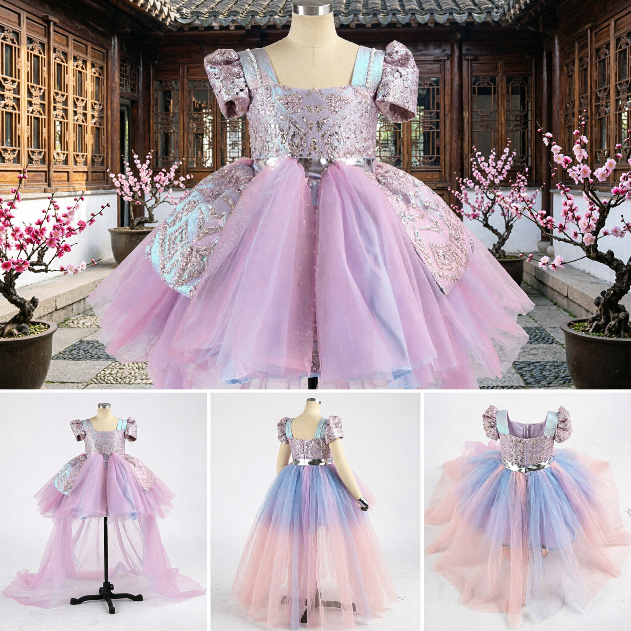 Vestido de Gala de Princesa para Niñas, de Tul Rosa y Azul con Lentejuelas para Concursos, Fiestas de Promoción y Niña de las Flores - Asian Costume
