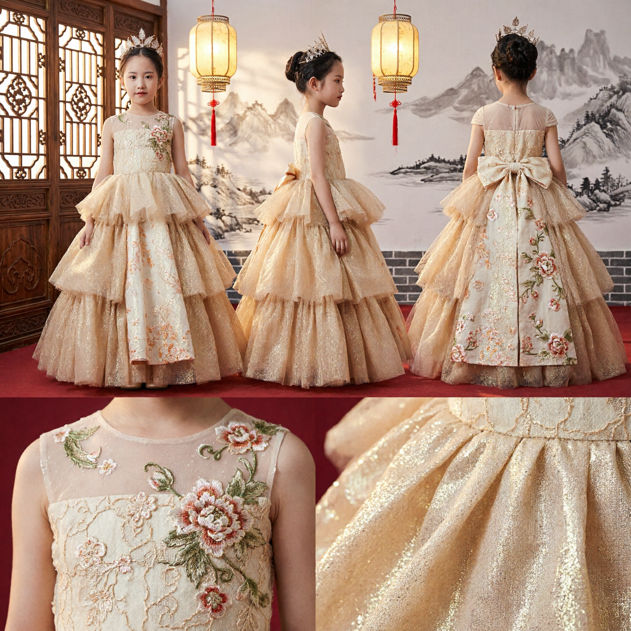 Robe de princesse champagne et dorée à plusieurs niveaux pour filles, pour mariage, concours, spectacle, tenue d'animatrice - Asian Costume