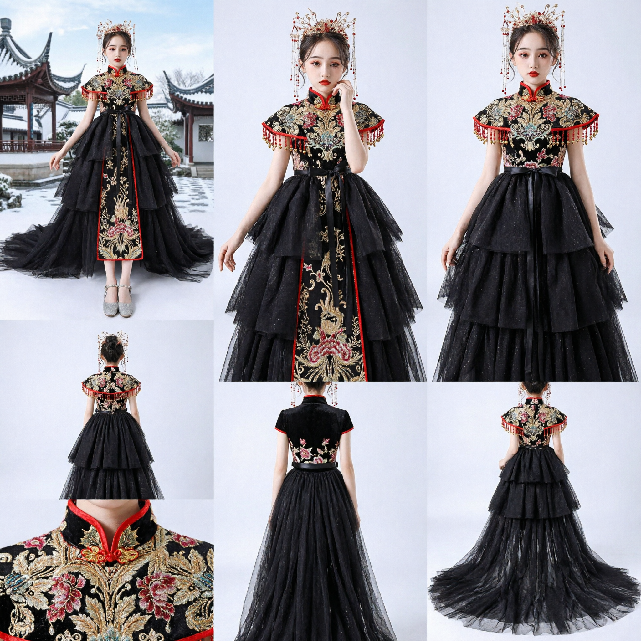 Robe chinoise Cheongsam noire à broderie dorée pour filles, robe traditionnelle Qipao, costume pour mariage, fête, animation de spectacle - Asian Costume
