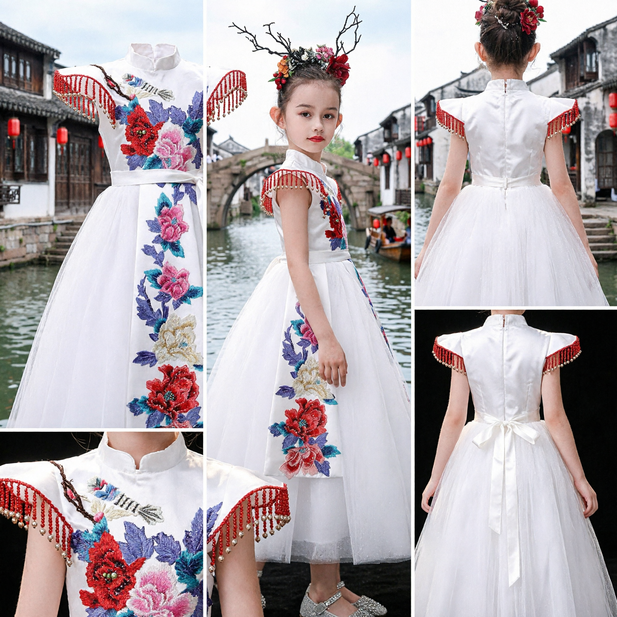 Traditionelles weißes Cheongsam-Kleid für Mädchen mit Blumenstickerei und Tüllrock, Bühnenmoderationsoutfit - Asian Costume