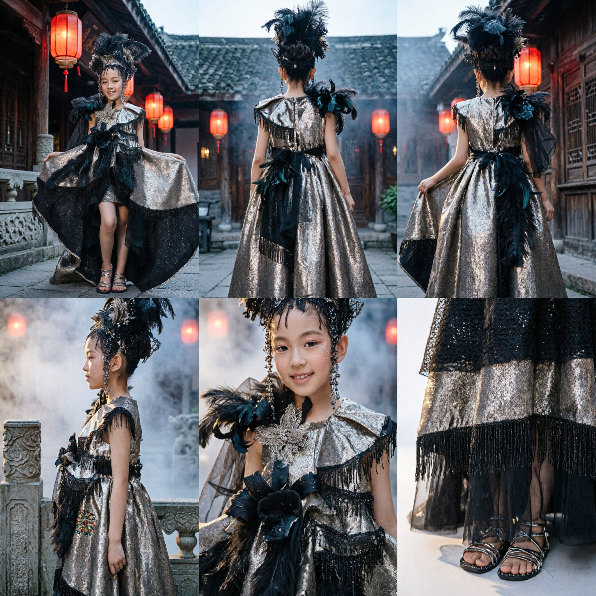 Kinder-Schwarz-Silber-Federn-Showgirl-Kostümkleid mit passendem Kopfschmuck für Bühnen- und Tanzauftritte - Asian Costume