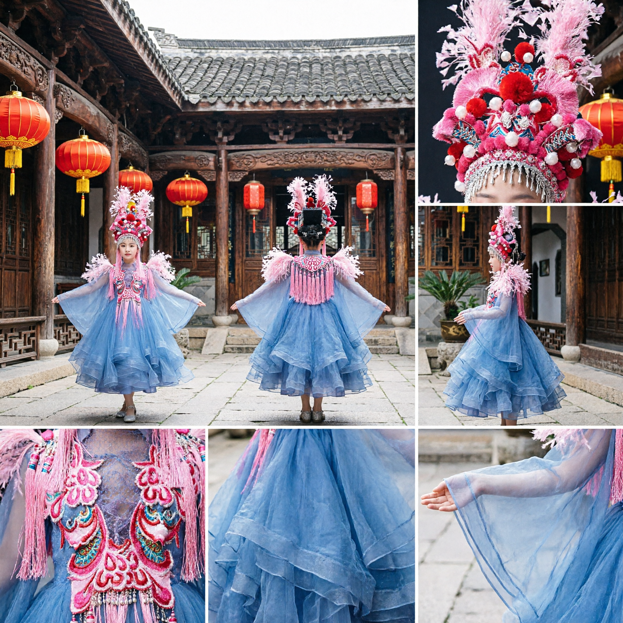 Costume d'opéra de Pékin traditionnel chinois pour enfants filles, robe de scène bleue avec coiffe élaborée - Asian Costume