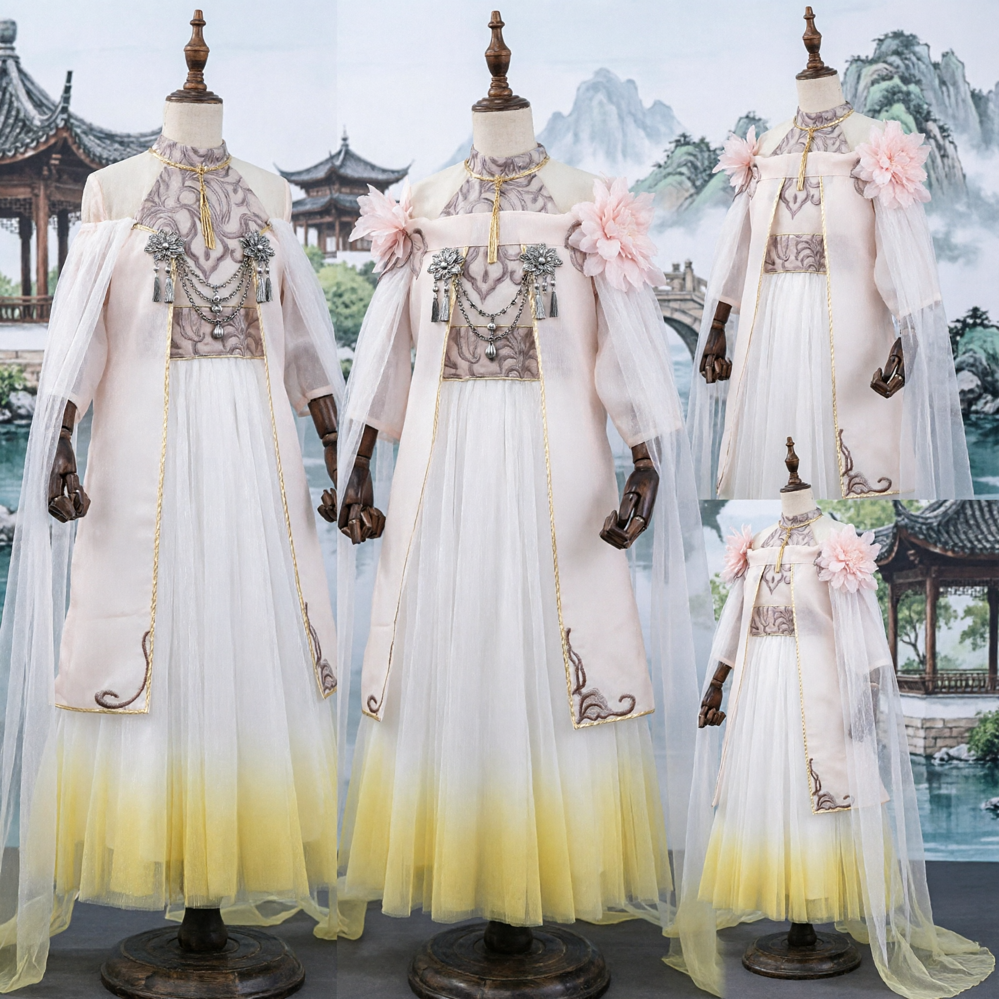 Chinesisches traditionelles Hanfu, antikes Feenkostüm für Frauen, Xianxia-Cosplay-Kleid mit rosa Blumen und Farbverlaufsrock - Asian Costume