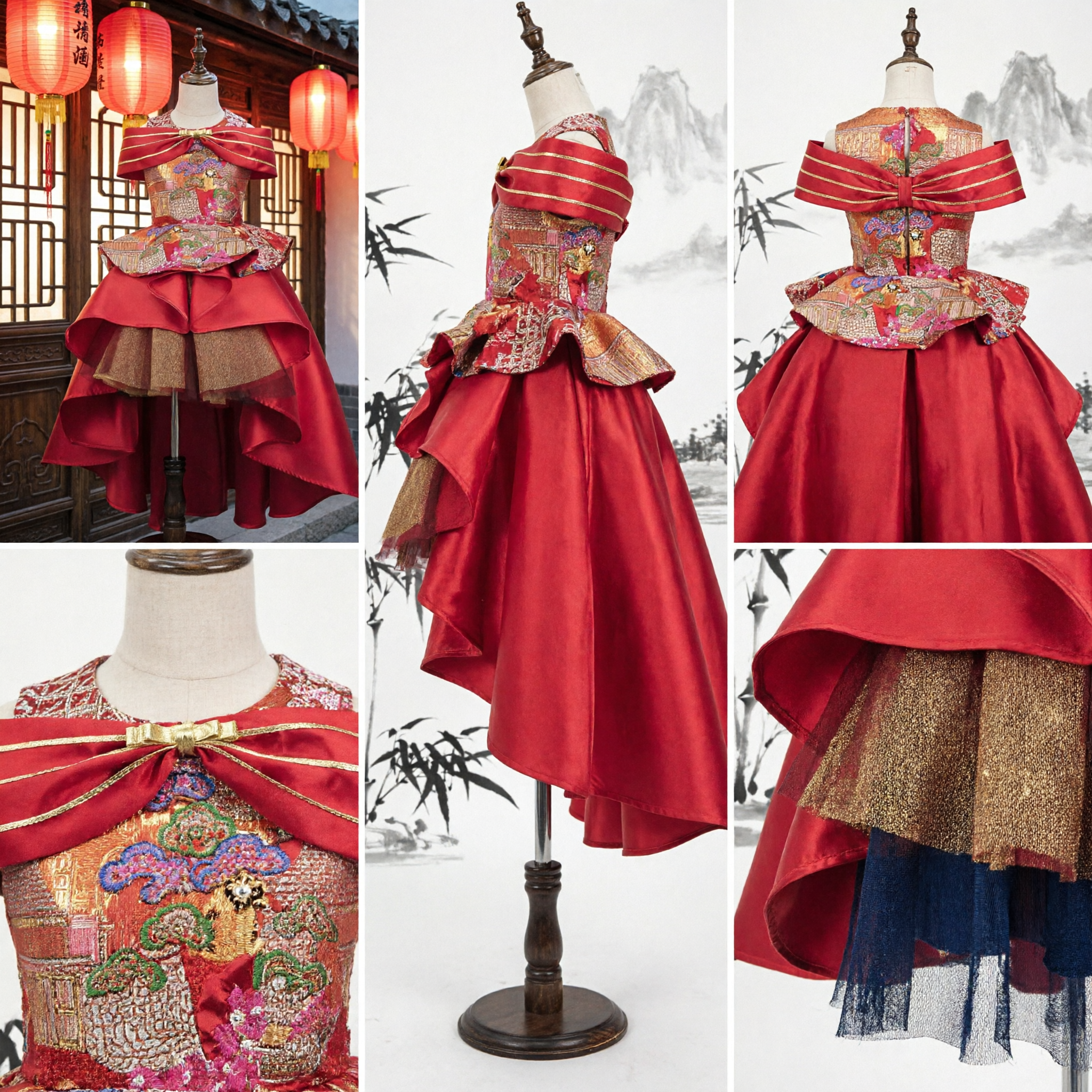 Vestido Tradicional Chinês Vermelho para Meninas, Vestido Bordado com 'Peplum', Traje Formal para Casamento, Festa e Ano Novo - Asian Costume