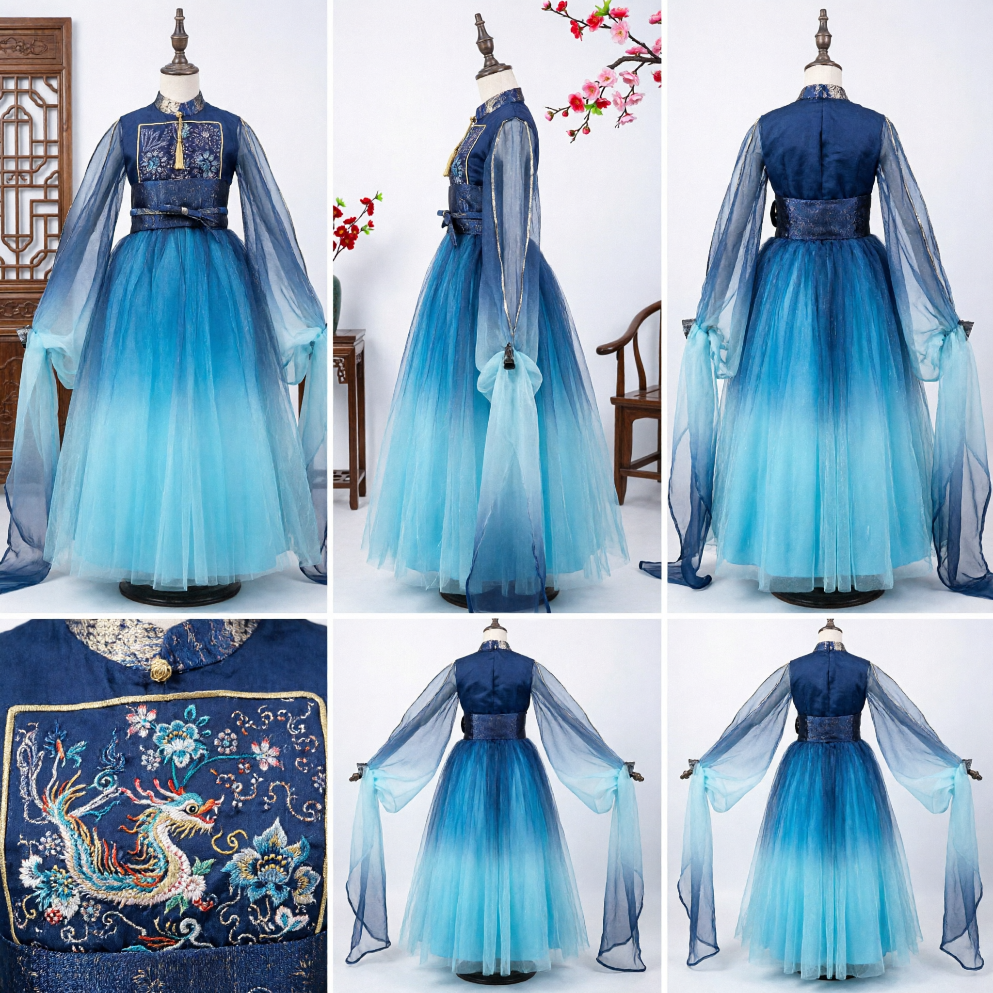 Traje Tradicional Chino Hanfu Azul en Degradé, Vestido de Hada Antiguo Bordado para Cosplay y Actuación de Mujeres - Asian Costume