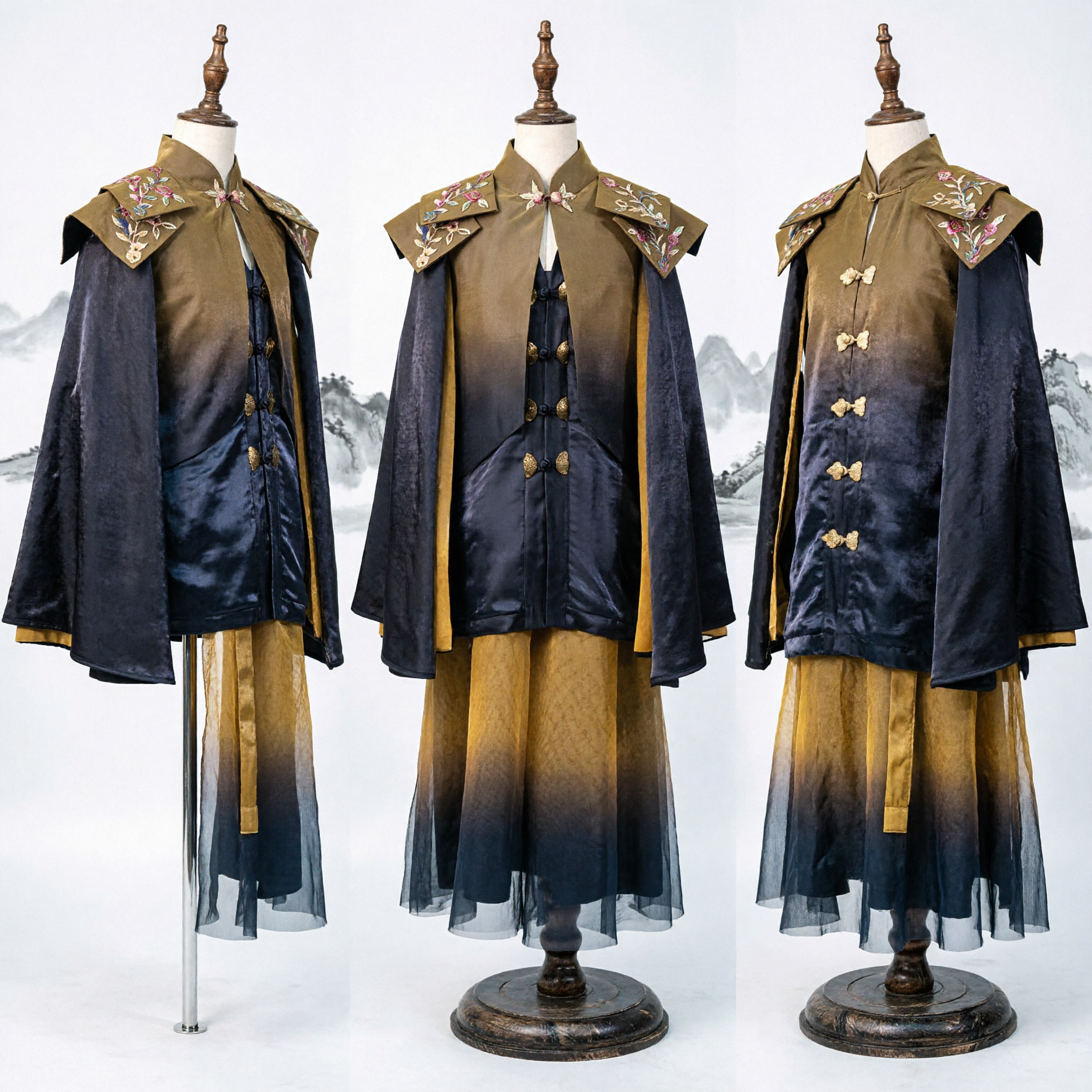 Oud Chinese Heren Wuxia Zwaardvechter Kostuum Traditionele Hanfu Set Verlopende Cape met Borduursel voor Cosplay Optreden - Asian Costume