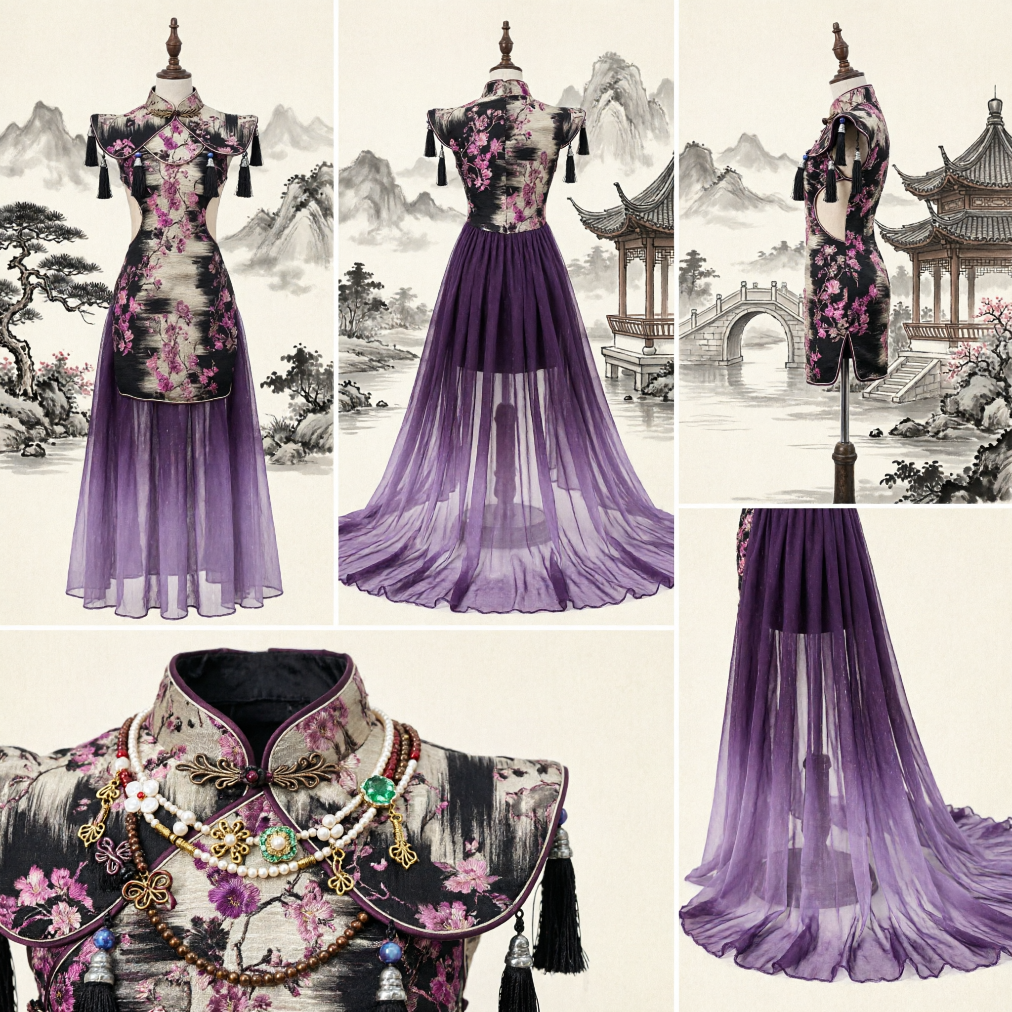 Elegant Chinese Bloemen Cheongsam Bruidsjurk met Paarse Tule Sleep en Kwasten voor Bruidsoptreden - Asian Costume
