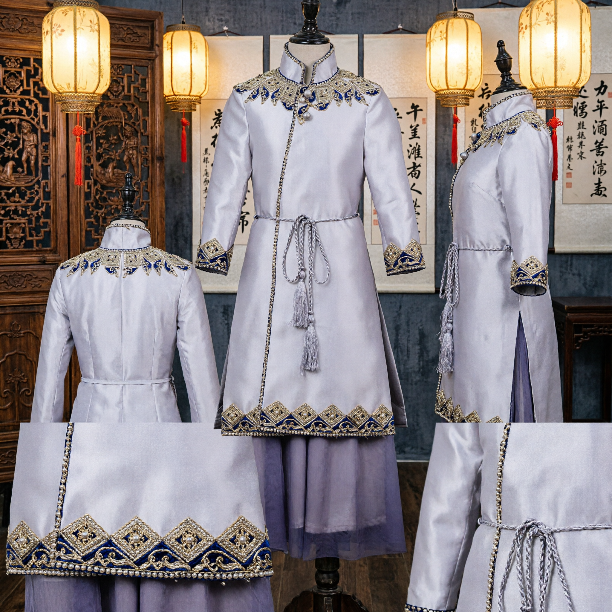 Elegante Costume da Danza Tradizionale Cinese in Stile Mongolo Bianco per Donne, Lunga Veste Ricamata per Spettacoli - Asian Costume