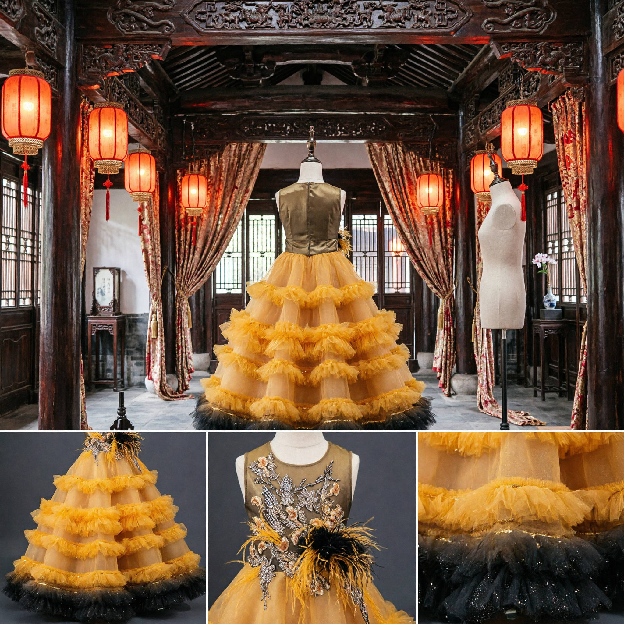 Kids Girls Gold Sequin Latin Dance Dress with Black Tulle Ruffles Stage Performance Competition Gown - Asian Costume