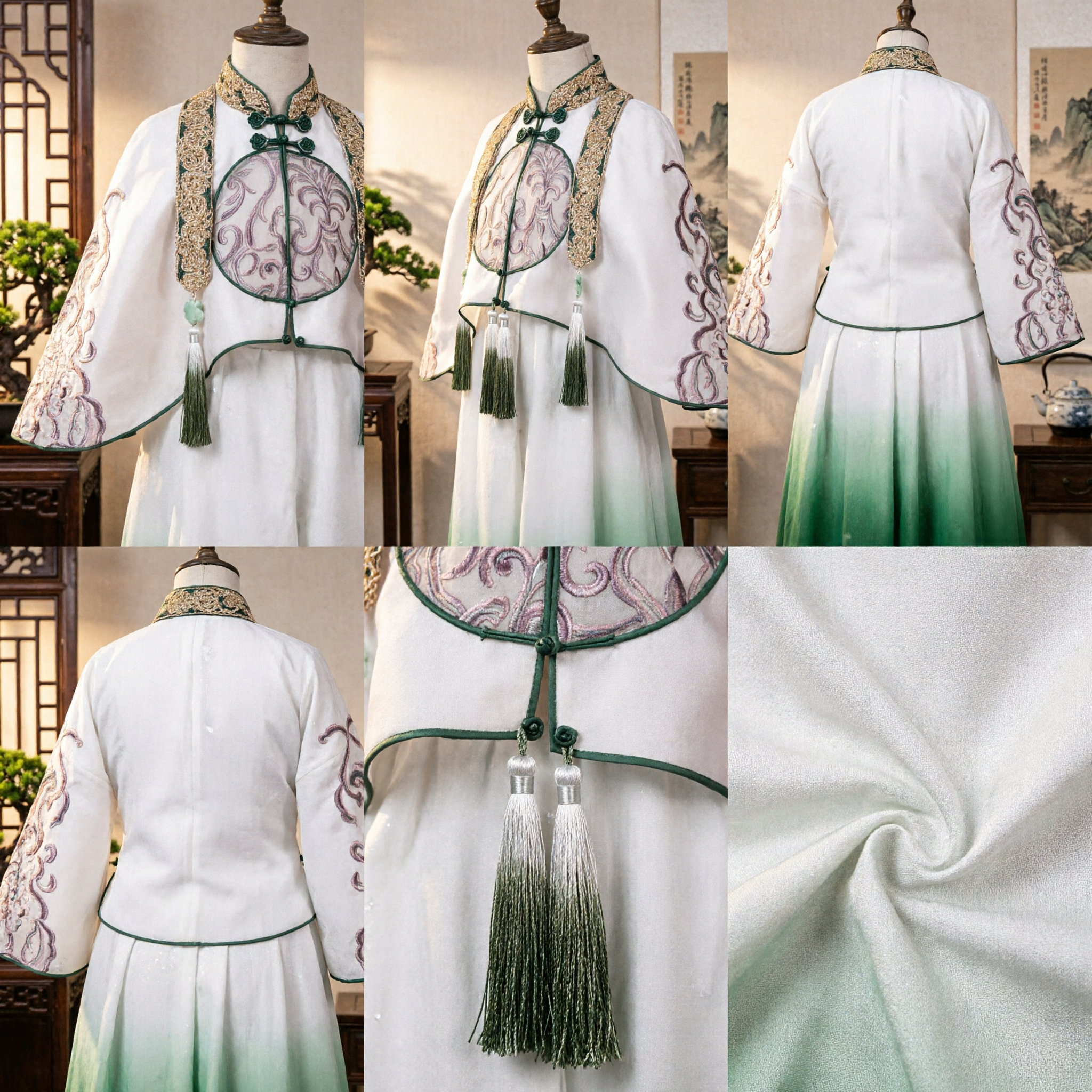 Costume ancien chinois Hanfu, manteau cape vert dégradé avec broderie dorée et glands pour femmes - Asian Costume