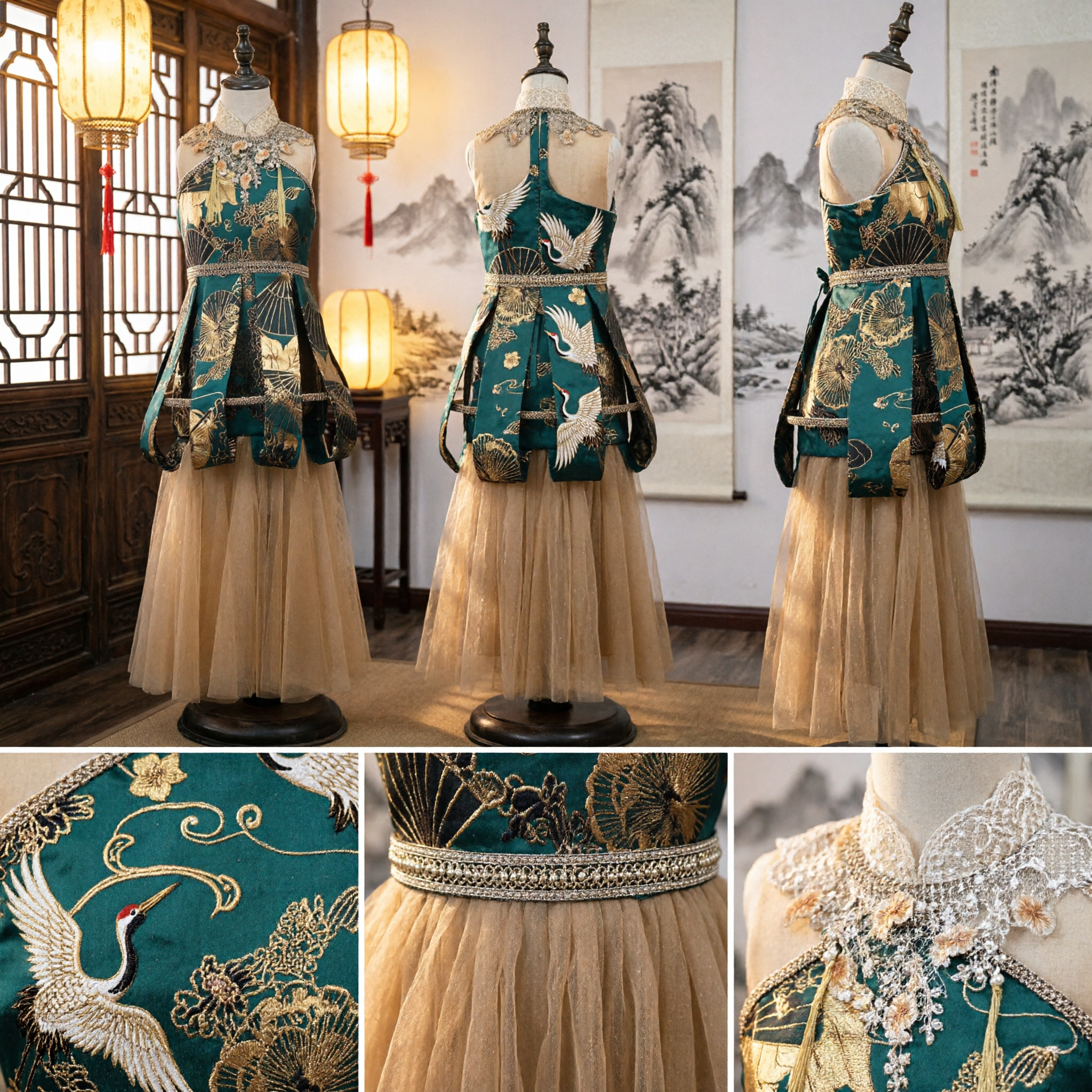 Traditional Chinese Stage Performance Costume Women Teal Green Embroidered Folk Dance Dress with Gold Fans - Asian Costume
