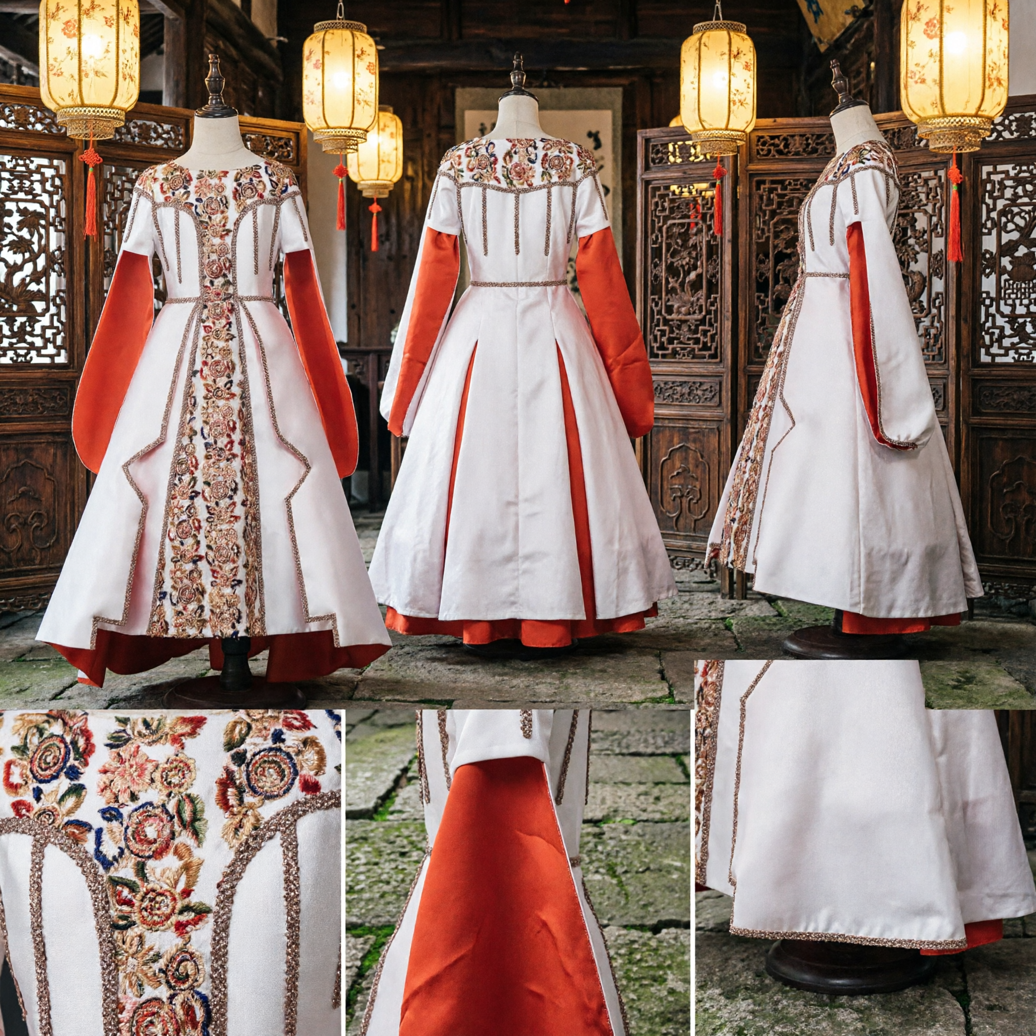 Robe de princesse médiévale Renaissance blanche élégante, costume historique brodé avec manches rouges pour cosplay de femmes - Asian Costume