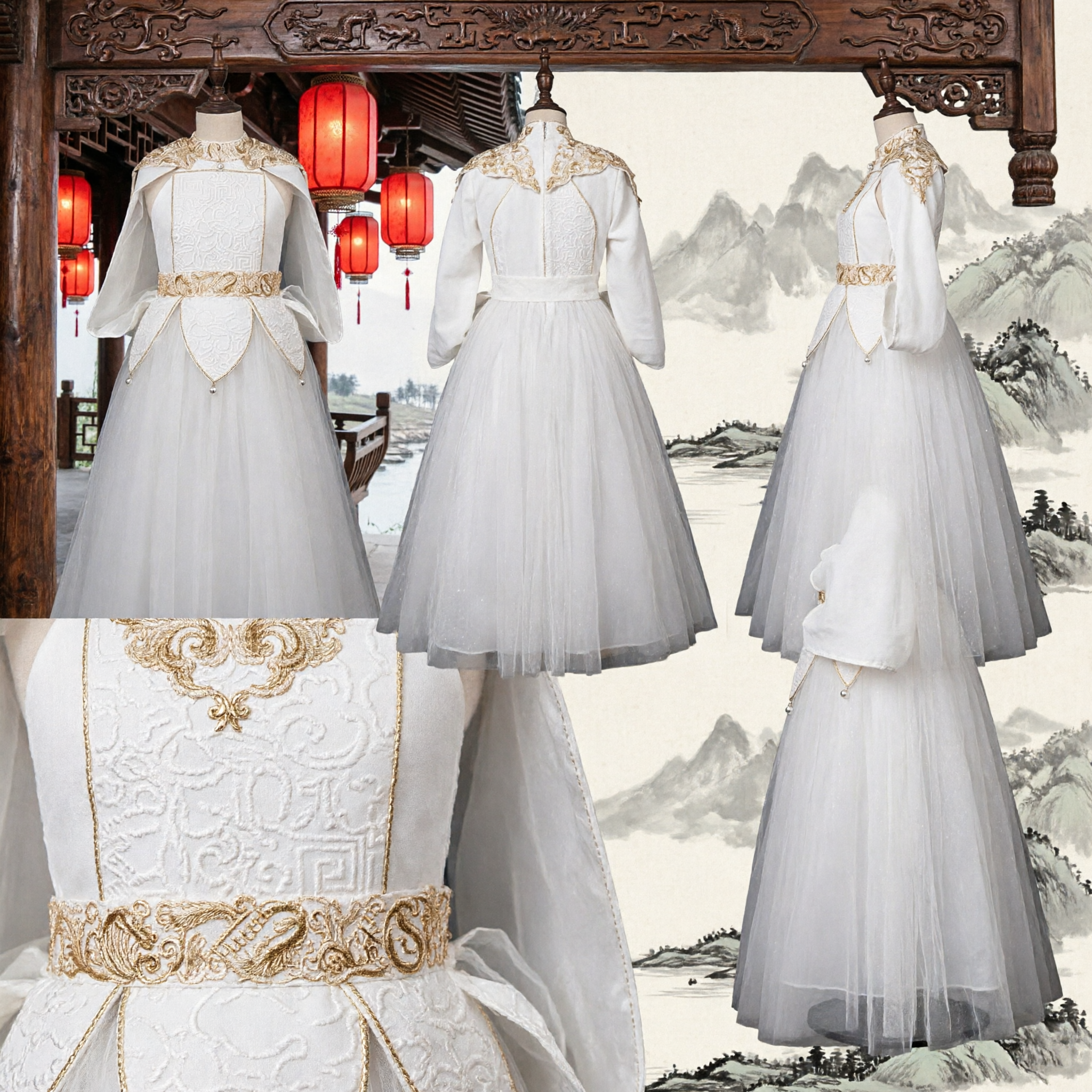 Robe de princesse fantastique médiévale blanche avec cape brodée dorée, robe de bal pour cosplay sur scène des femmes - Asian Costume
