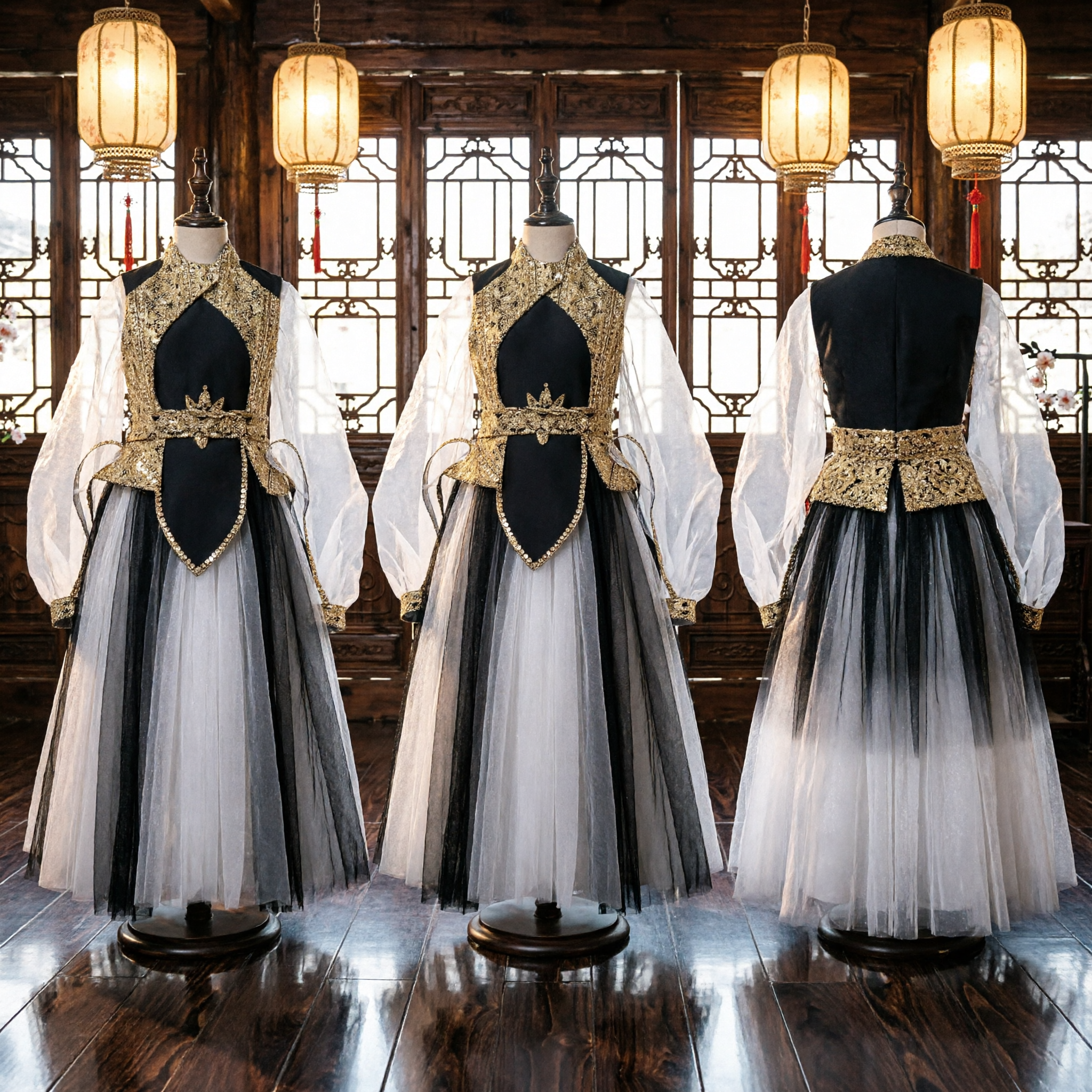 Traditional Chinese Hanfu Ancient Costume Black and White Gold Embroidered Dress for Women Stage Performance - Asian Costume