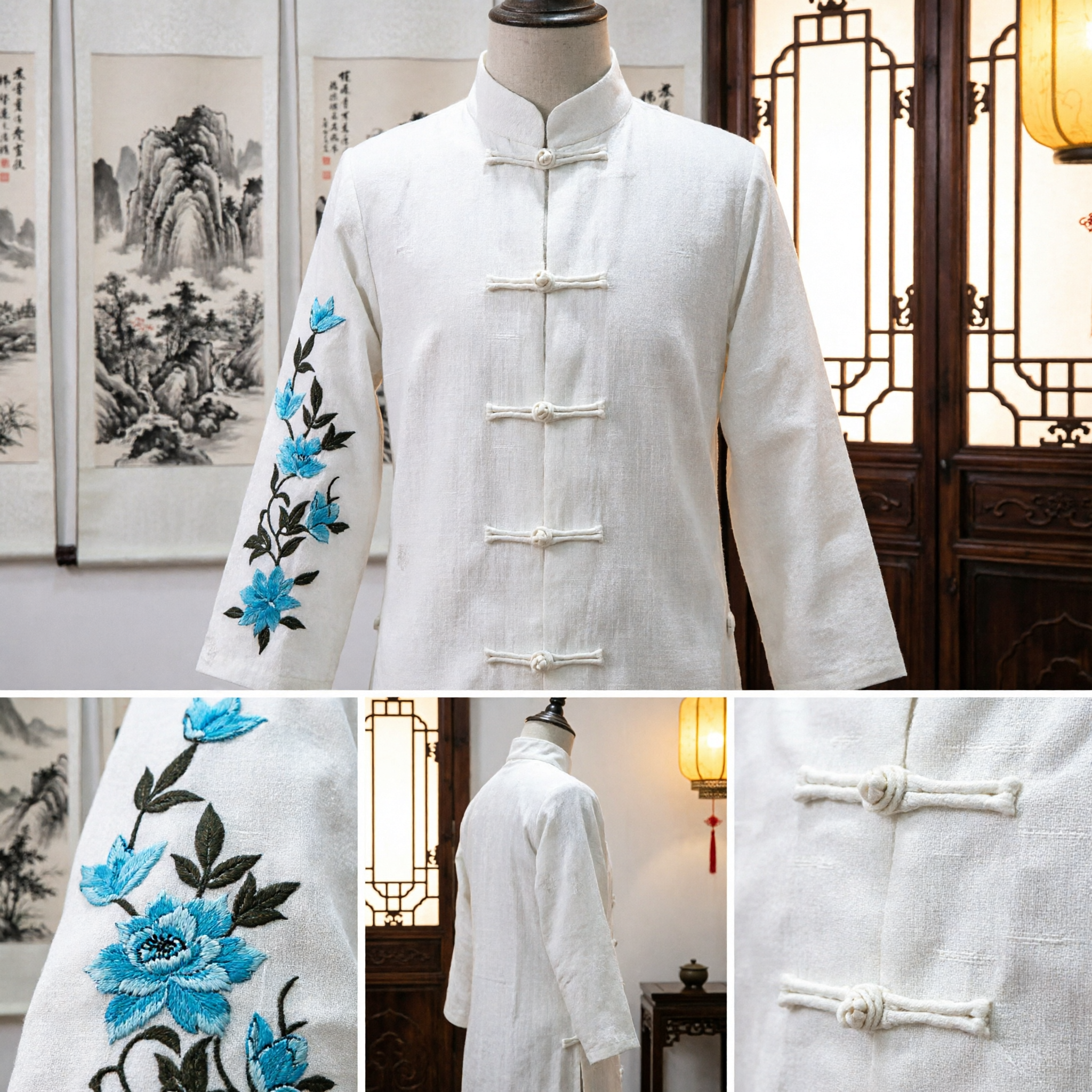 Weißes chinesisches Tang-Anzug-Tradition, bestickter Kung-Fu-Anzug für Herren mit Mandarin-Kragen für Tai-Chi-Übungen - Asian Costume
