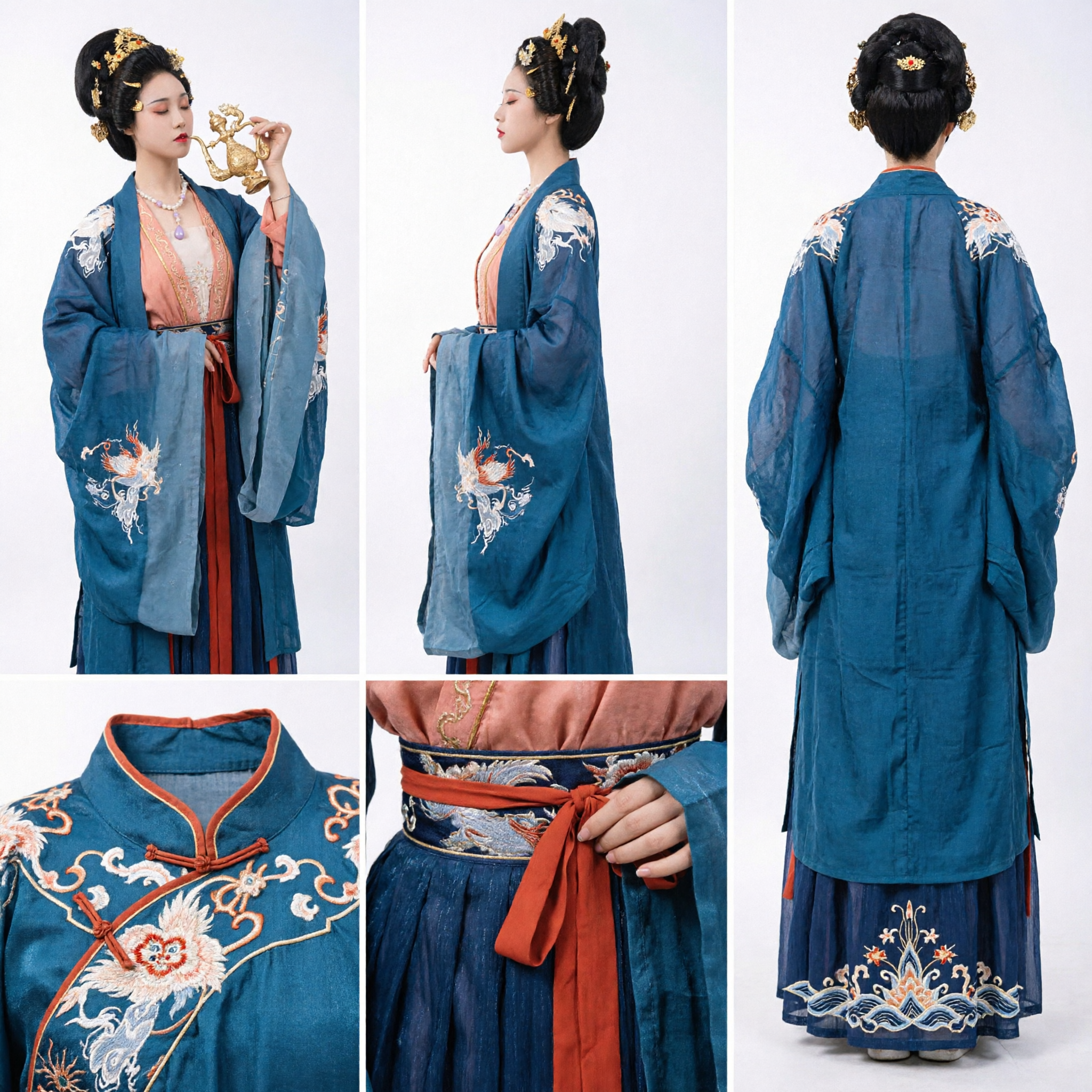 Tang Dynastie Paleis Dame Hanfu Kostuum Blauw Geborduurde Gewaad Oude Chinese Traditionele Jurk voor Vrouwen - Asian Costume