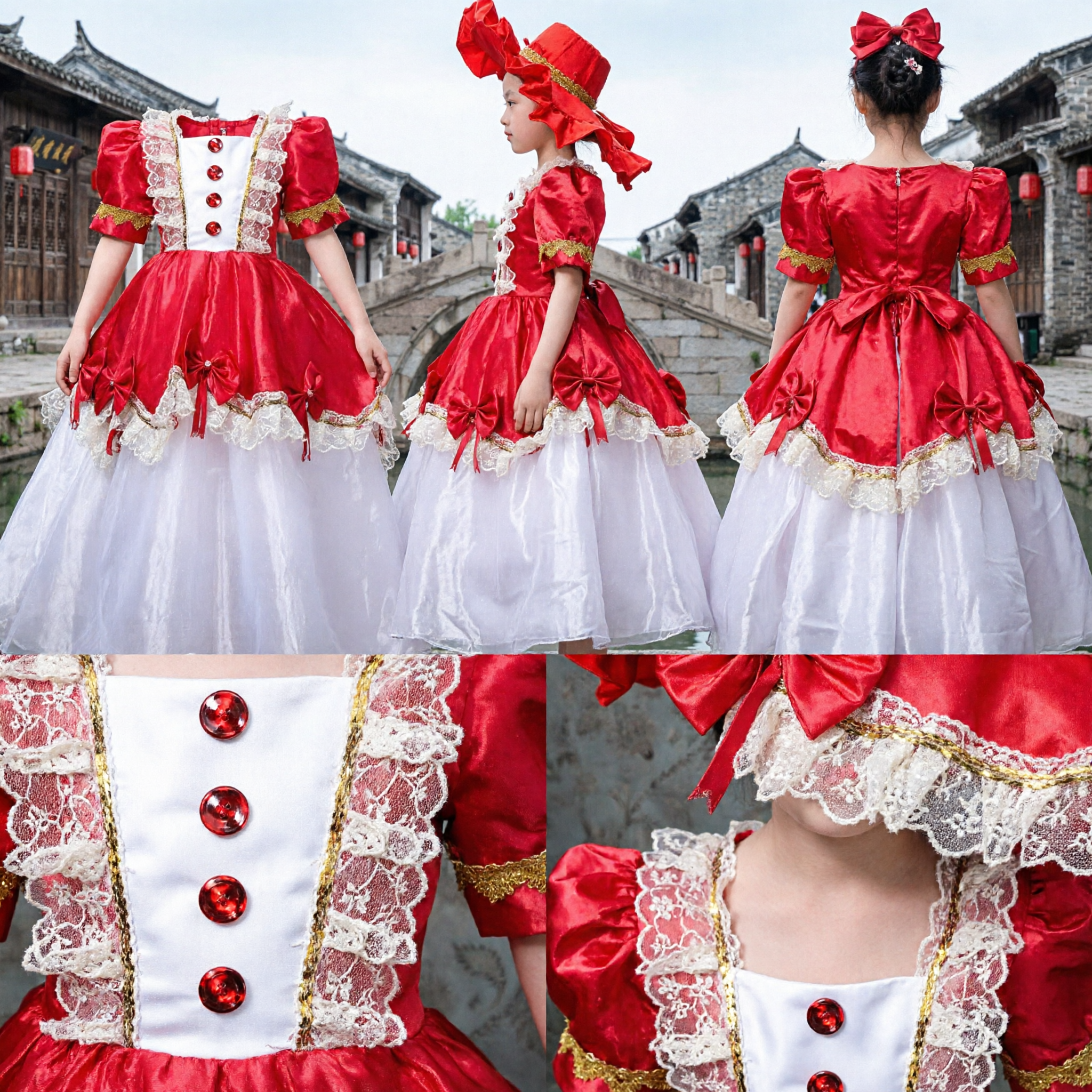 Costume de danse flamenco espagnol pour enfants, robe rouge et blanche à volants avec chapeau pour performance scénique - Asian Costume