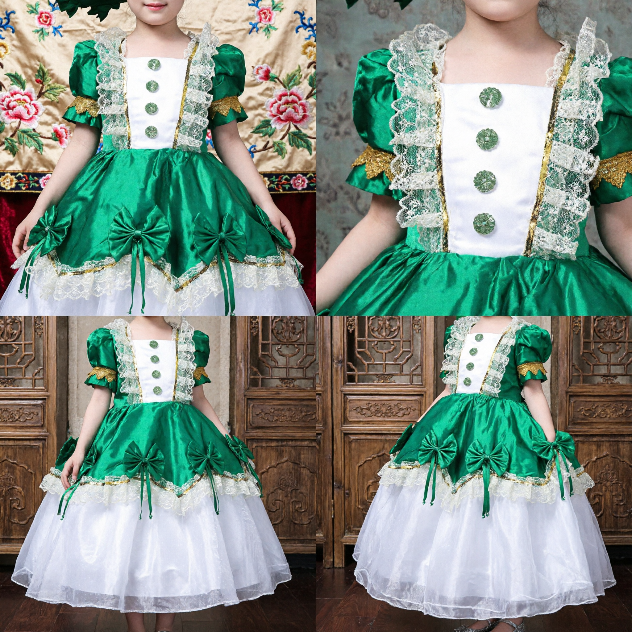 Costume da Principessa Barocca Verde per Bambine con Cappello per Spettacoli sul Palco e Cosplay di Halloween - Asian Costume