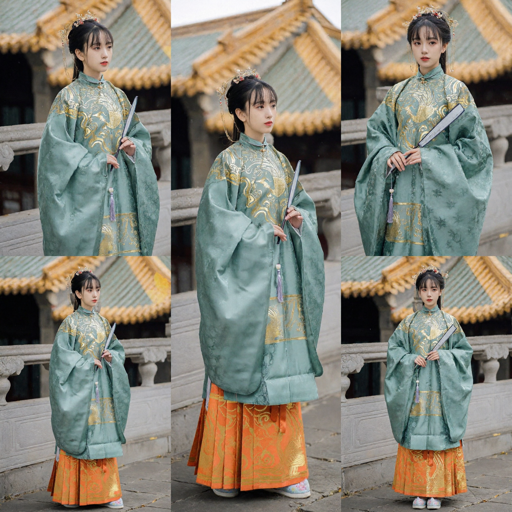 Antikes chinesisches Ming-Dynastie-Hanfu-Kostüm, grüne bestickte Überrobe und orangefarbener Mamianqun-Rock für Frauen - Asian Costume