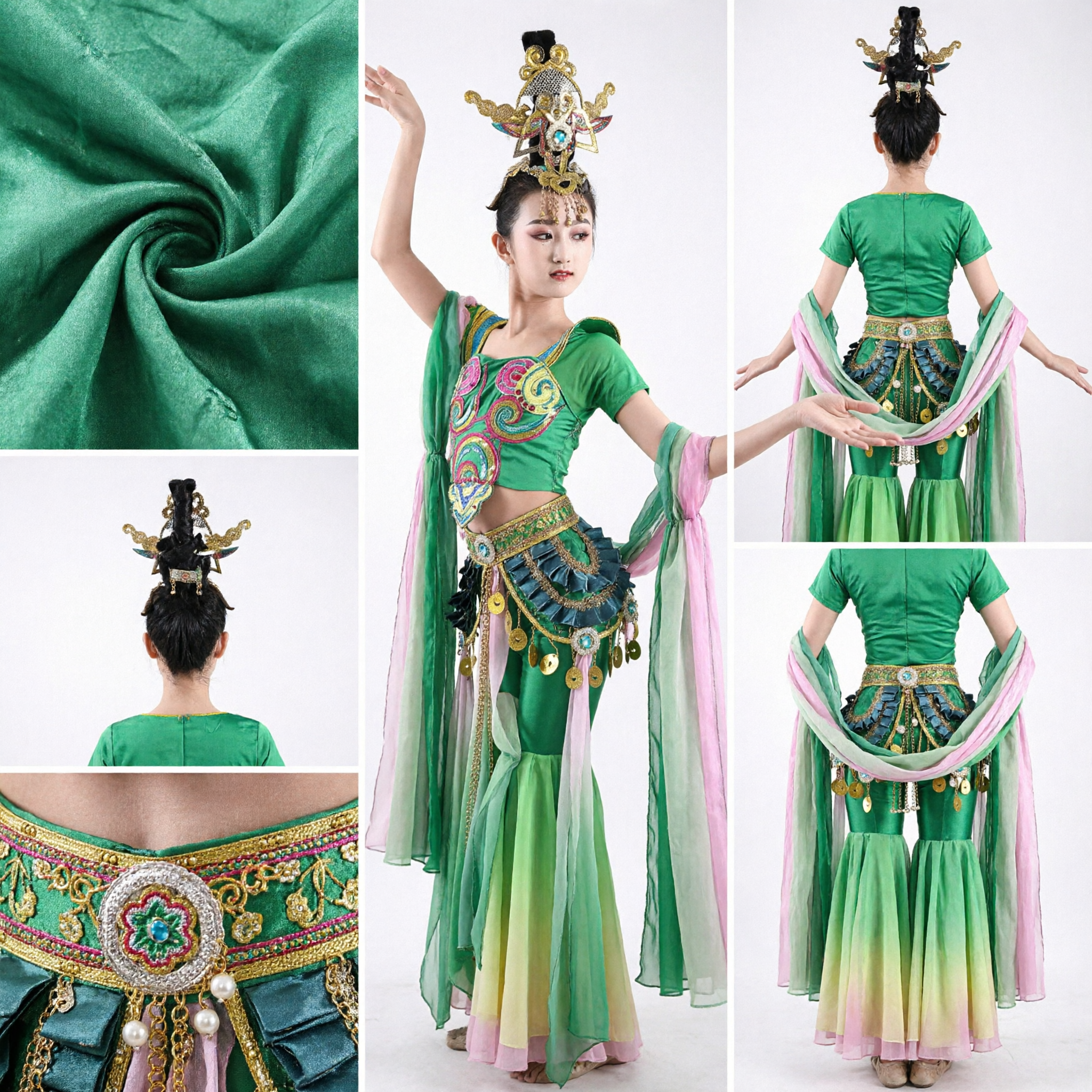 여성 그린 둔황 비천 의상 전통 중국 민속 무용 무대 공연 복장 - Asian Costume