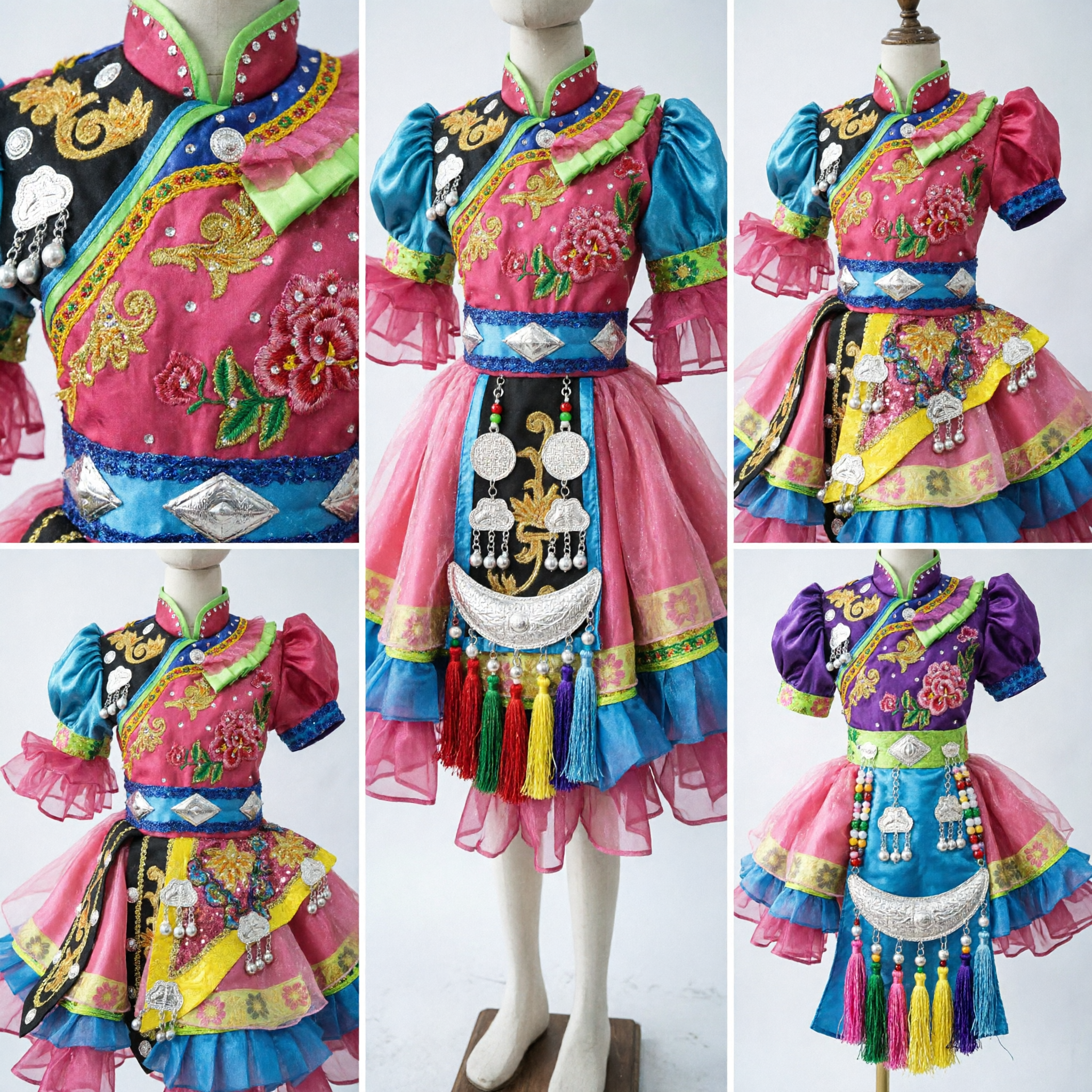 Traje Tradicional Chino de Danza Étnica para Niñas, Vestido Folklórico de Colores Bordados para Actuación en Escenario - Asian Costume