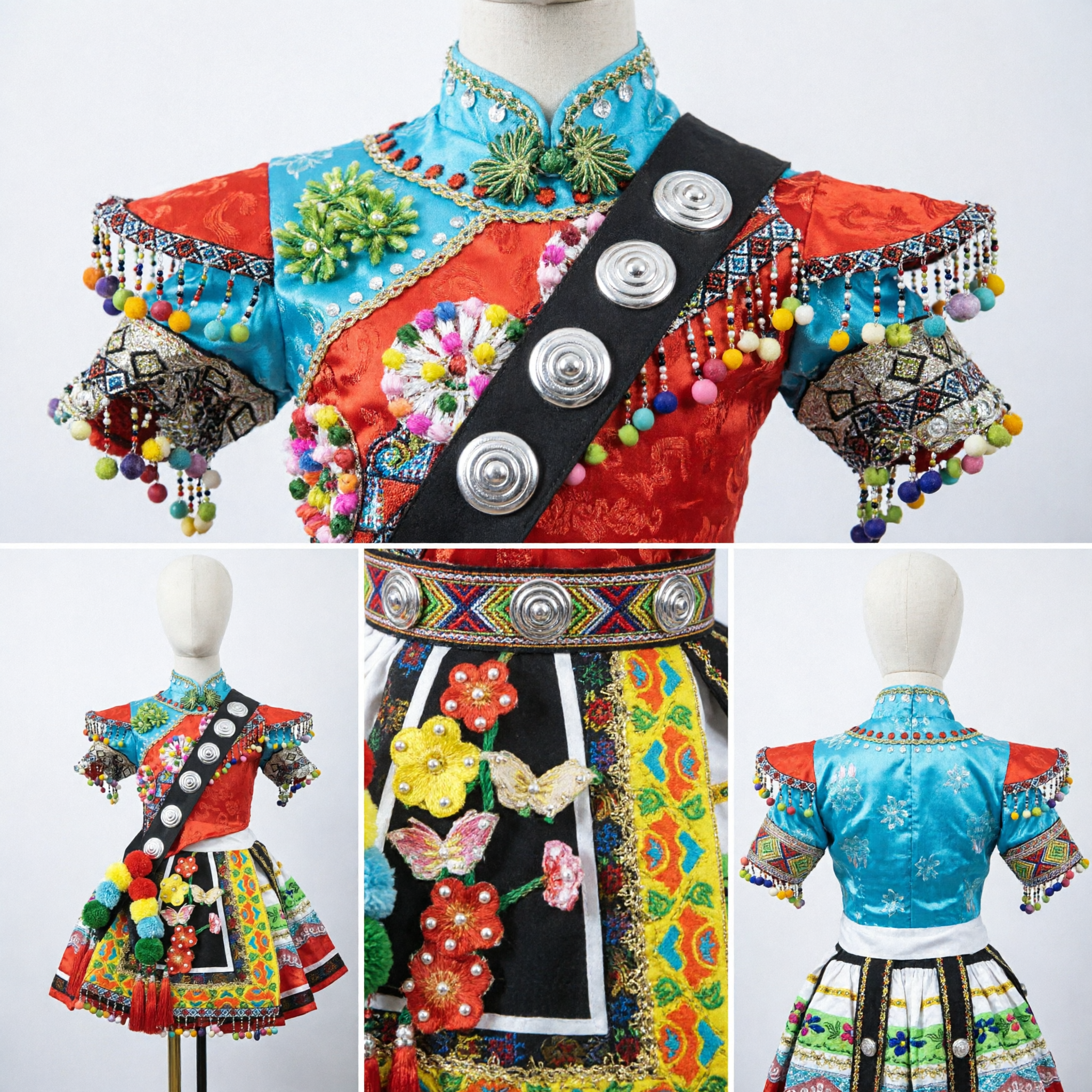 Costume de l'ethnie Miao traditionnel chinois pour filles enfants, robe de performance de danse folklorique avec ornements en argent - Asian Costume