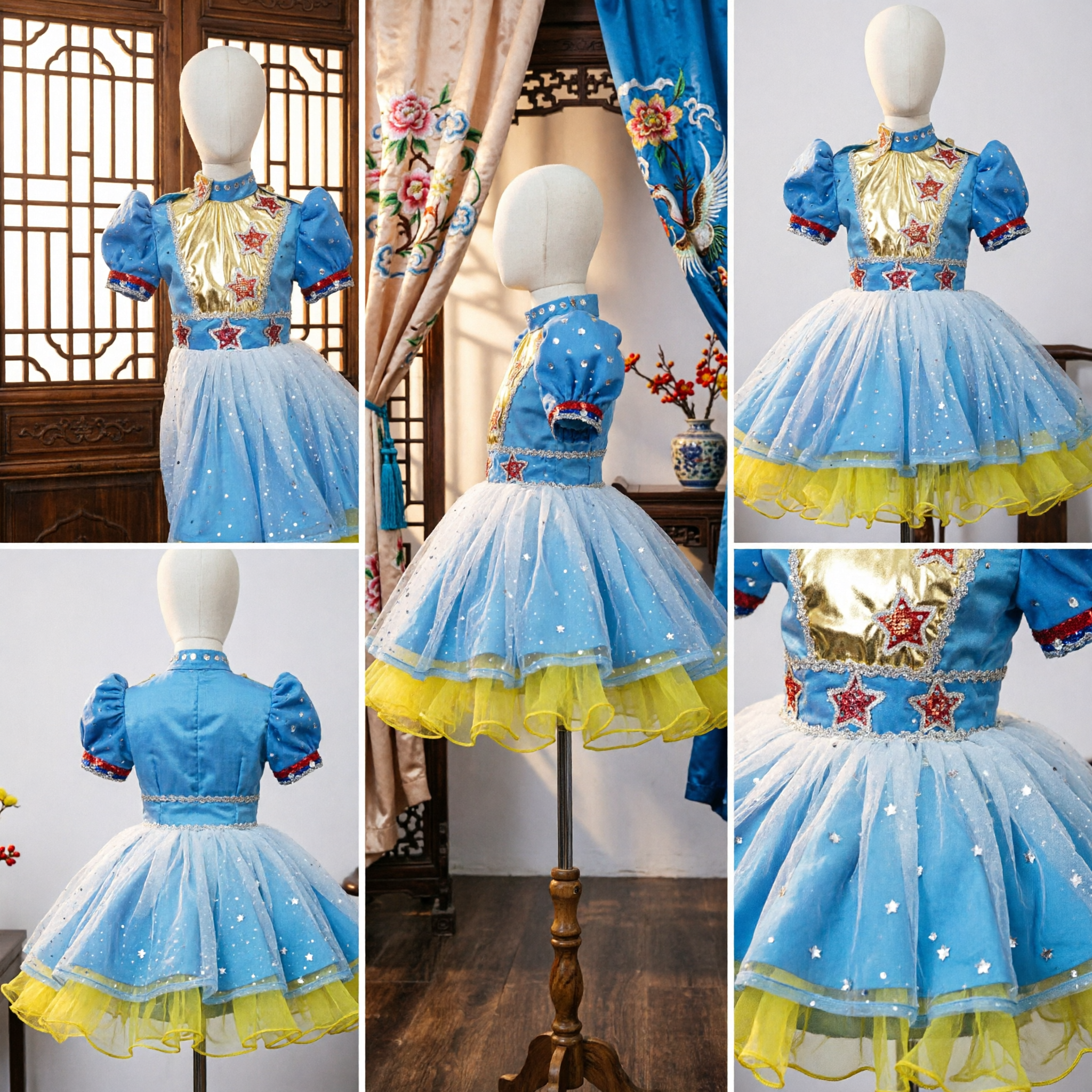 Traje de Dança Folclórica Infantil Azul e Dourado com Estrelas de Lantejoulas e Saia de Tule em Camadas para Performance no Palco - Asian Costume