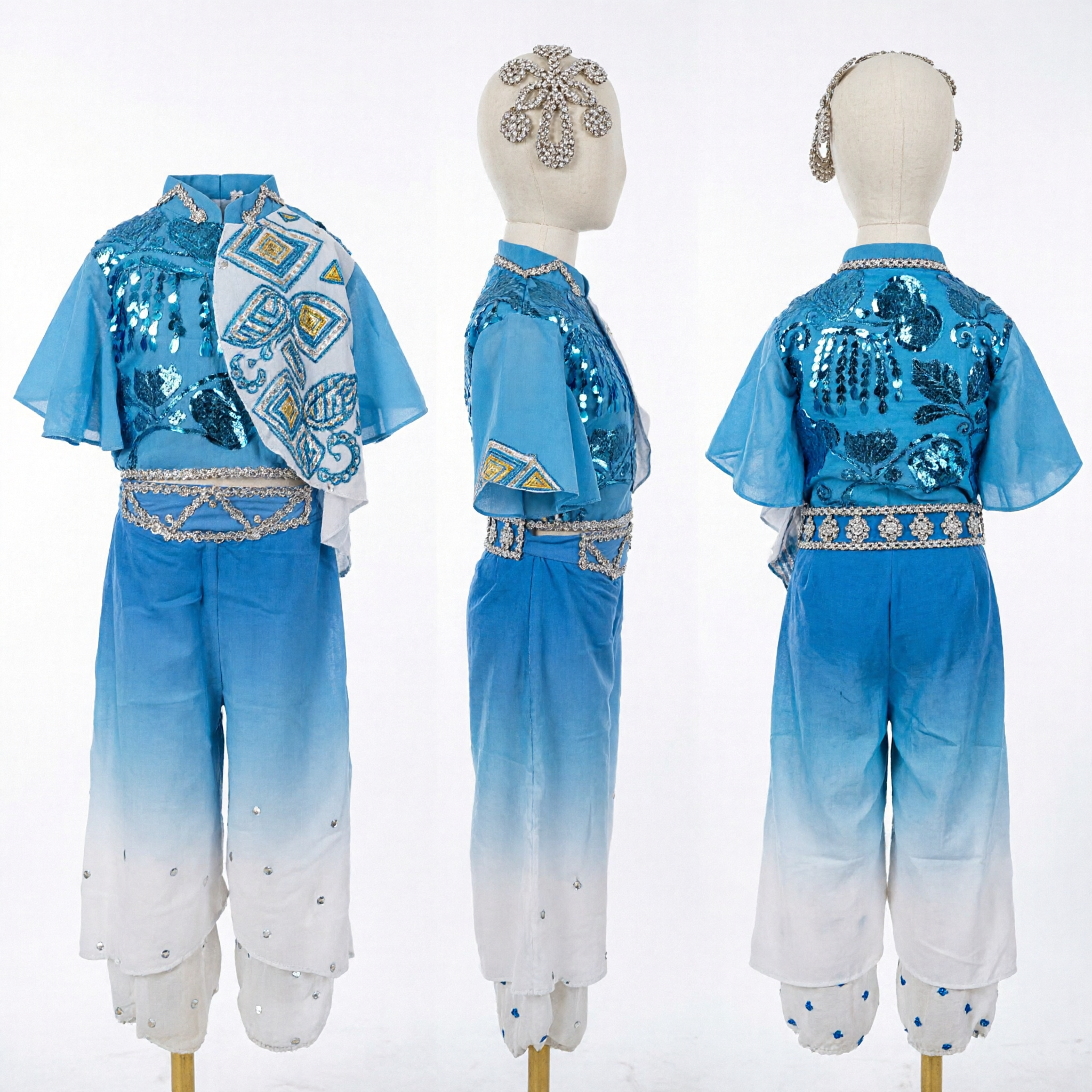 Traditionelles chinesisches Tanzkostüm für Männer, blauer Farbverlauf mit Pailletten und Silberzubehör für Bühnenauftritte - Asian Costume