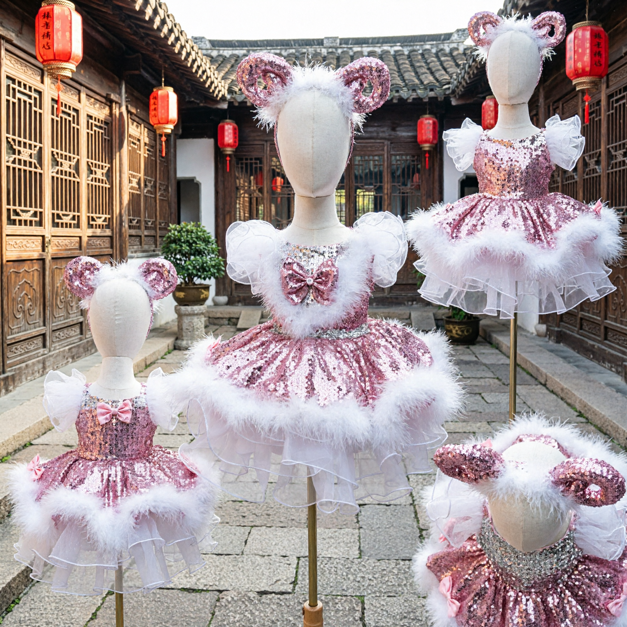 Traje de Ovelha Cordeiro Rosa para Meninas Vestido Tutu para Performance Infantil no Palco Traje para Festa de Natal com Faixa para Cabeça - Asian Costume