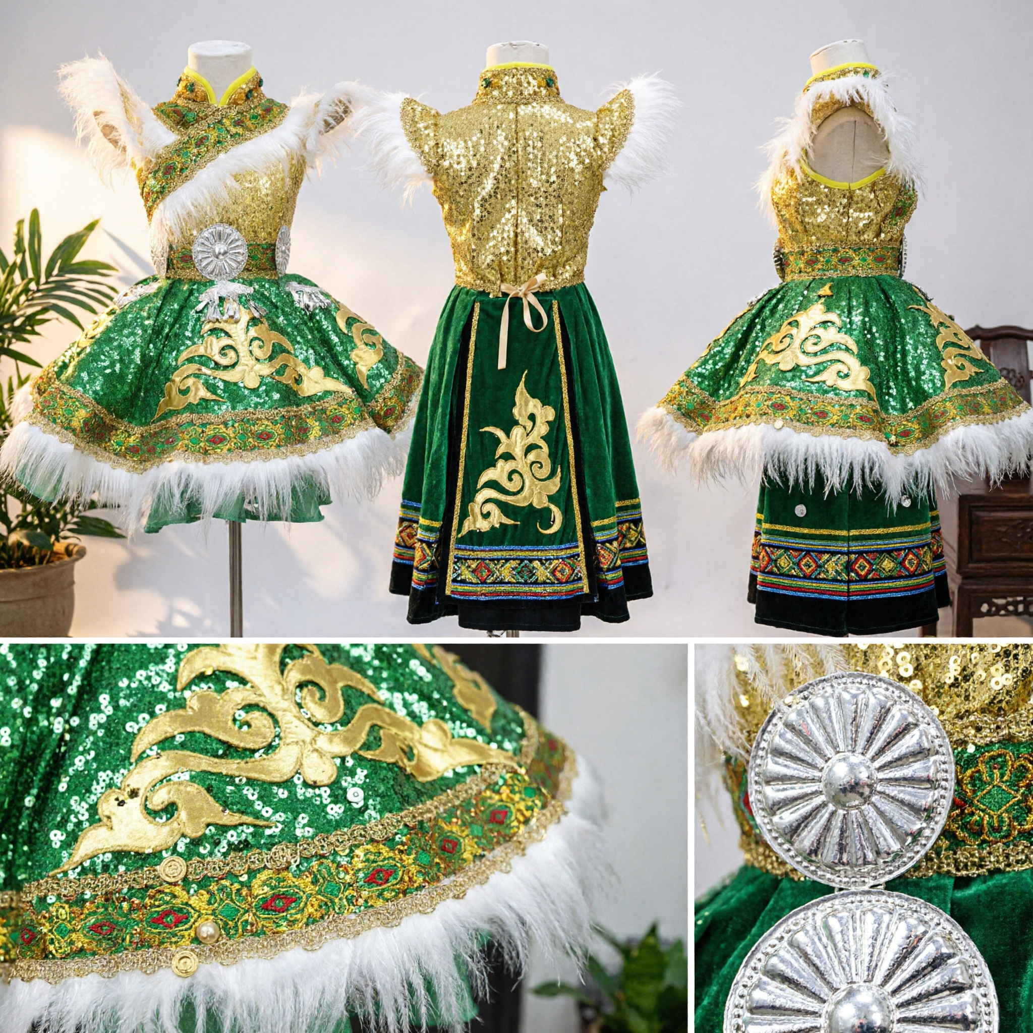 Traditionelles chinesisches Mongolisches Tanzkostüm für Mädchen, grünes Pailletten-ethnisches Bühnenkleid mit Pelzbesatz - Asian Costume