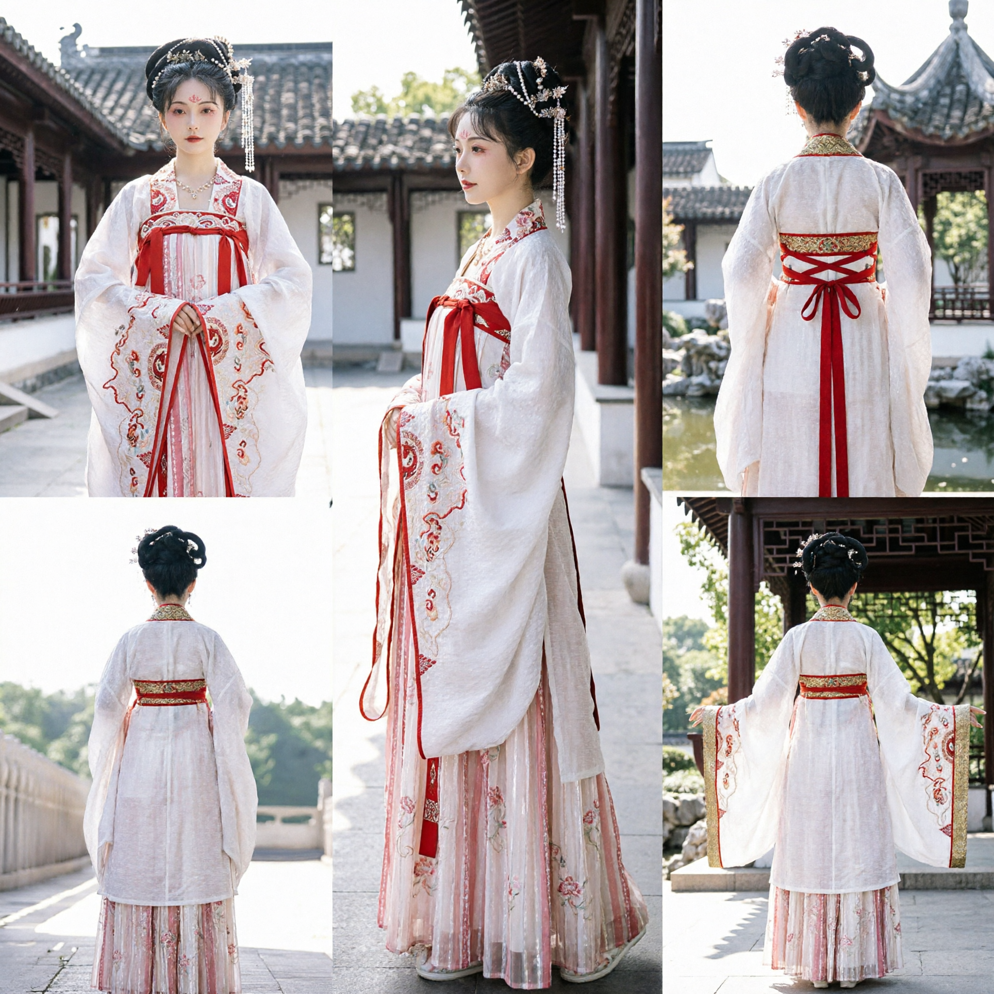 Traditioneel Chinees Tang-dynastie Hanfu Qixiong Ruqun Geborduurde Wit en Rode Prinsessen Kostuum voor Vrouwen - Asian Costume