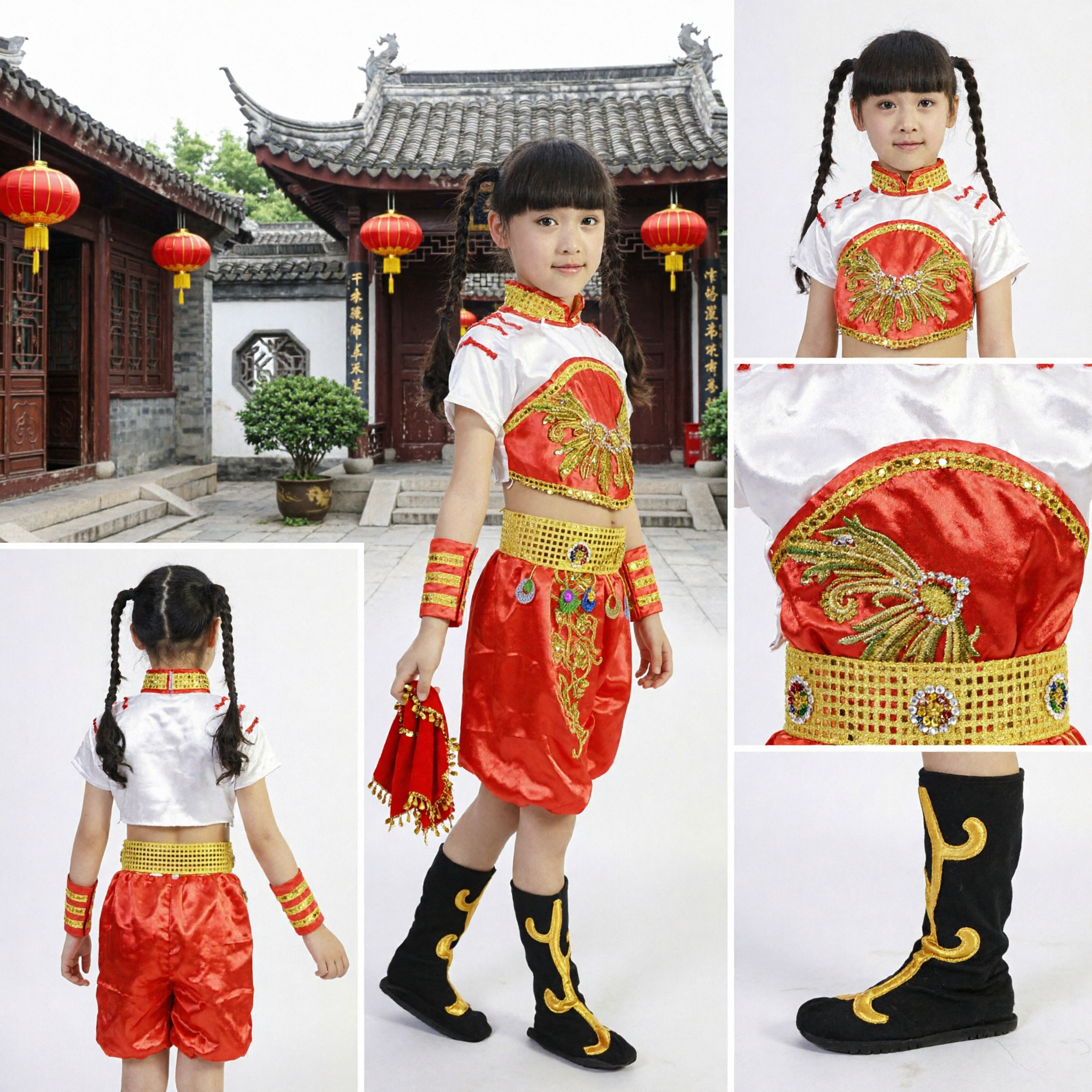 Traditioneel Chinees Folkloristische Danskostuum voor Meisjes Kinderen Rood en Goud Etnische Optreden Outfit - Asian Costume