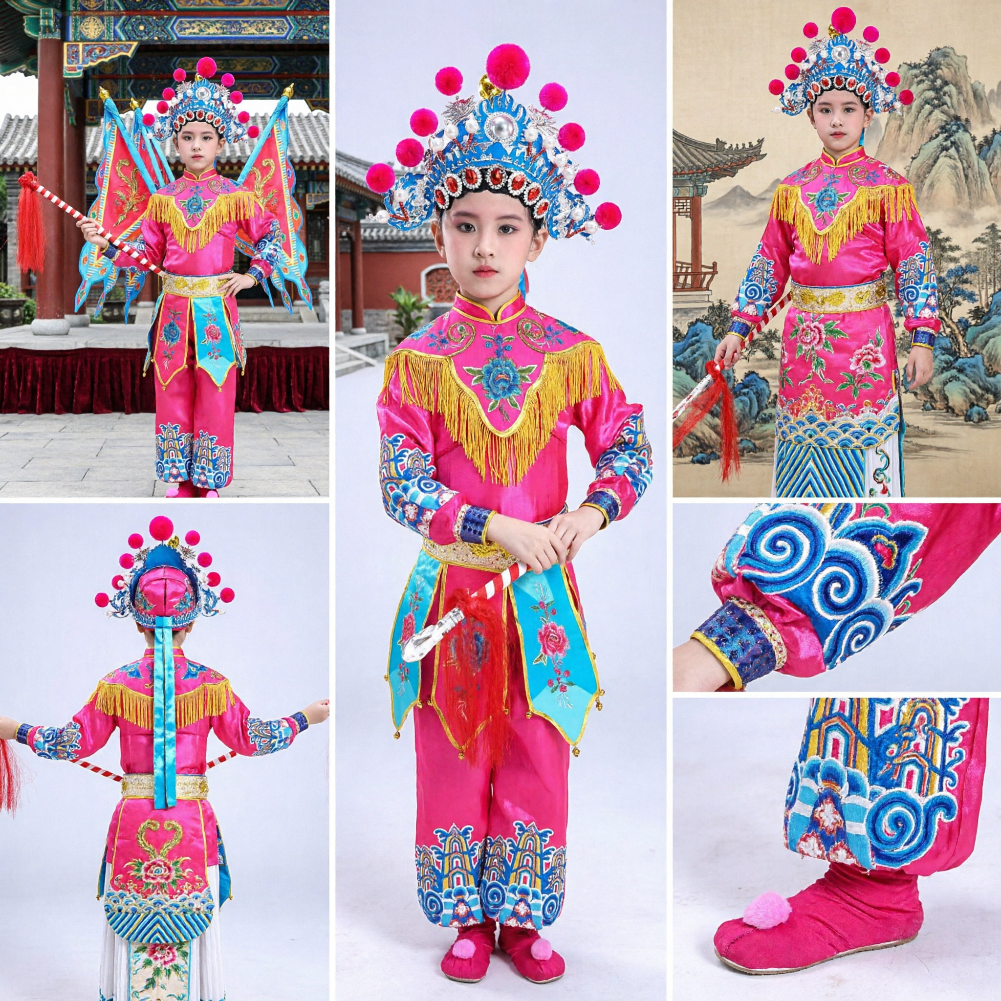 Traje de Ópera de Pekín Tradicional Chino para Niños, Atuendo de General Wudan Rosa para Actuación en Escenario con Banderines y Tocado - Asian Costume