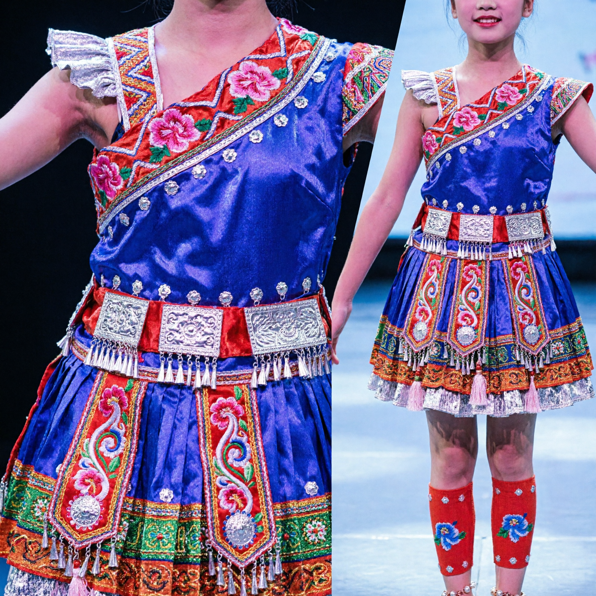 Traje de Dança Étnica Miao Chinês para Crianças Roxo Vestido Tradicional Folclórico para Performance de Palco com Adorno de Cabeça Prateado - Asian Costume