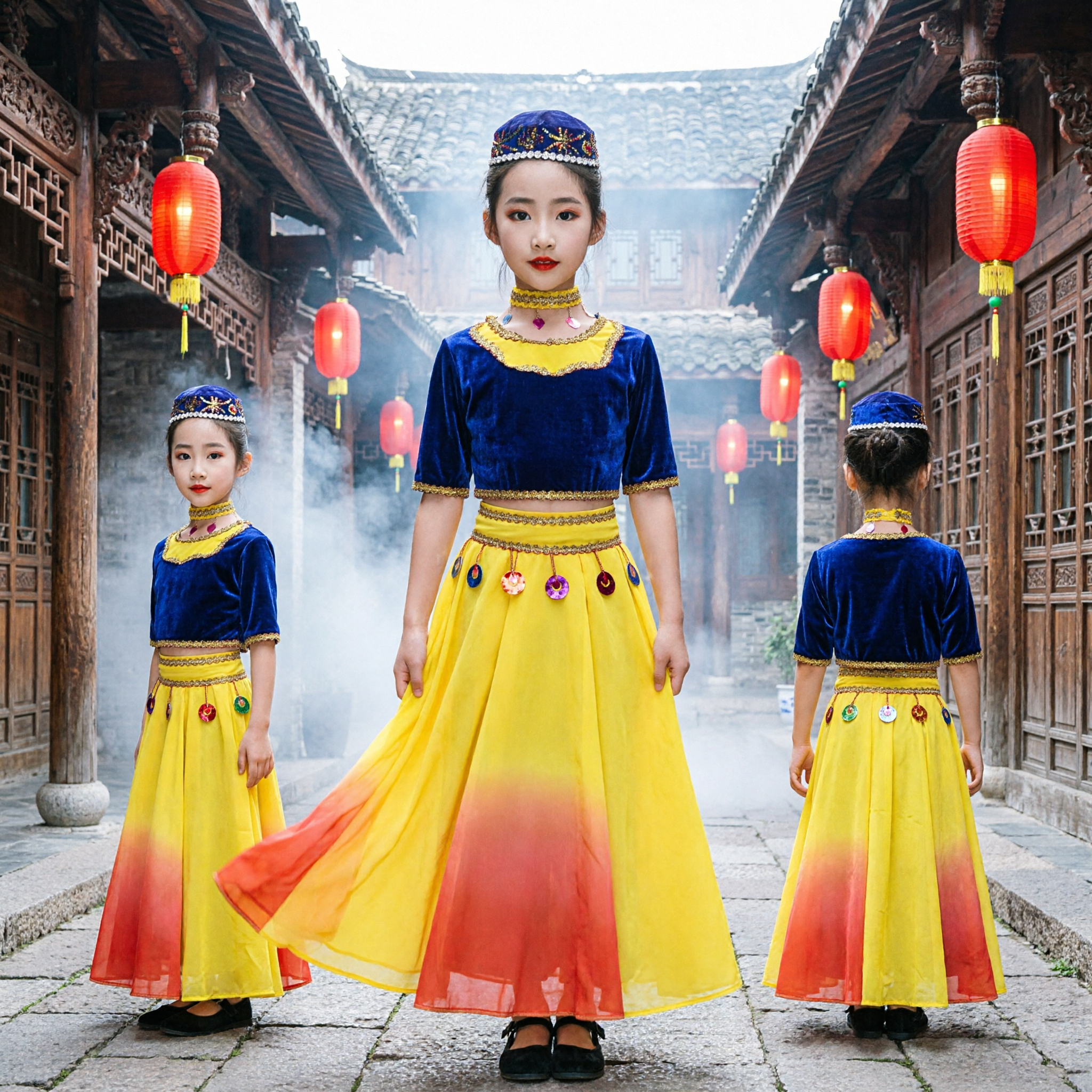 Costume de danse ouïghour traditionnel pour filles, robe ethnique pour performance scénique pour enfants avec jupe jaune et bleue en velours - Asian Costume