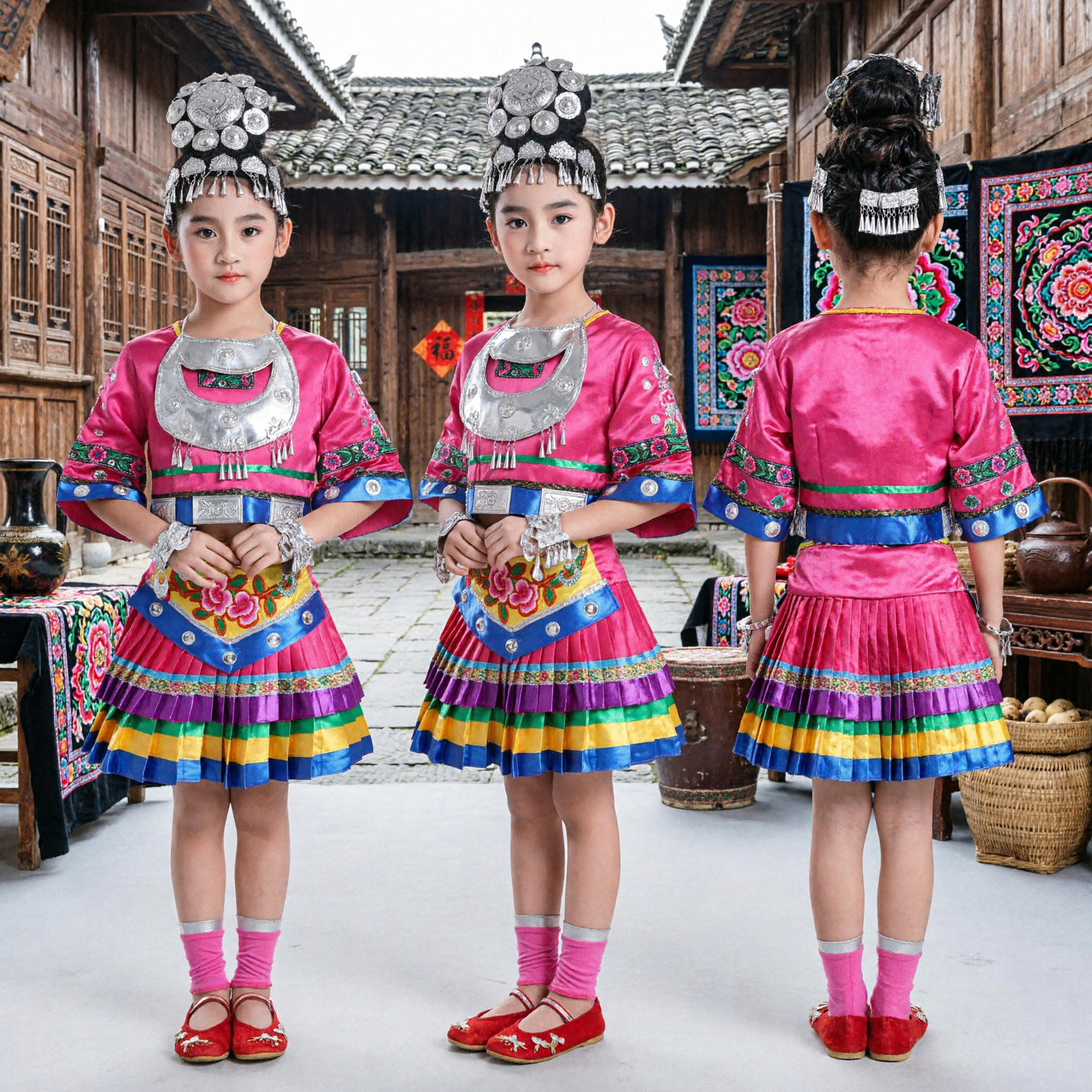 Costume tradizionale per bambini dell'etnia Miao cinese, abito da danza rosa per bambine con copricapo argentato per spettacoli sul palco - Asian Costume