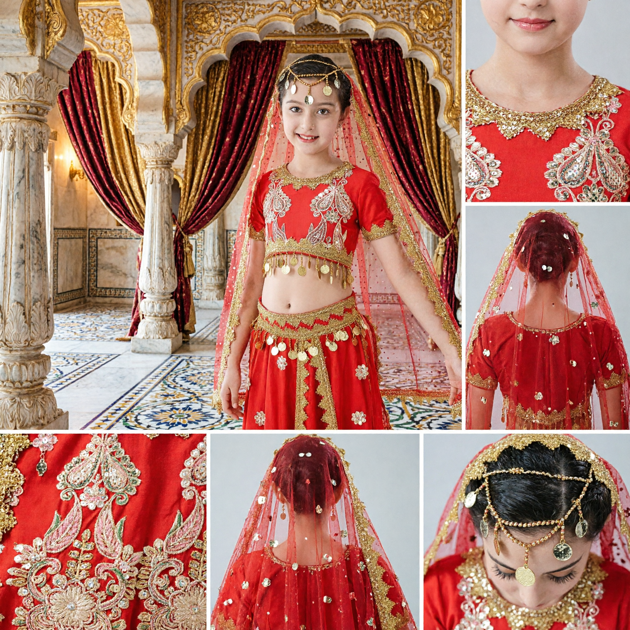Traje de Dança Bollywood Indiana para Crianças Conjunto Lehenga Choli Vermelho de Dança do Ventre com Véu para Meninas Performance no Palco - Asian Costume
