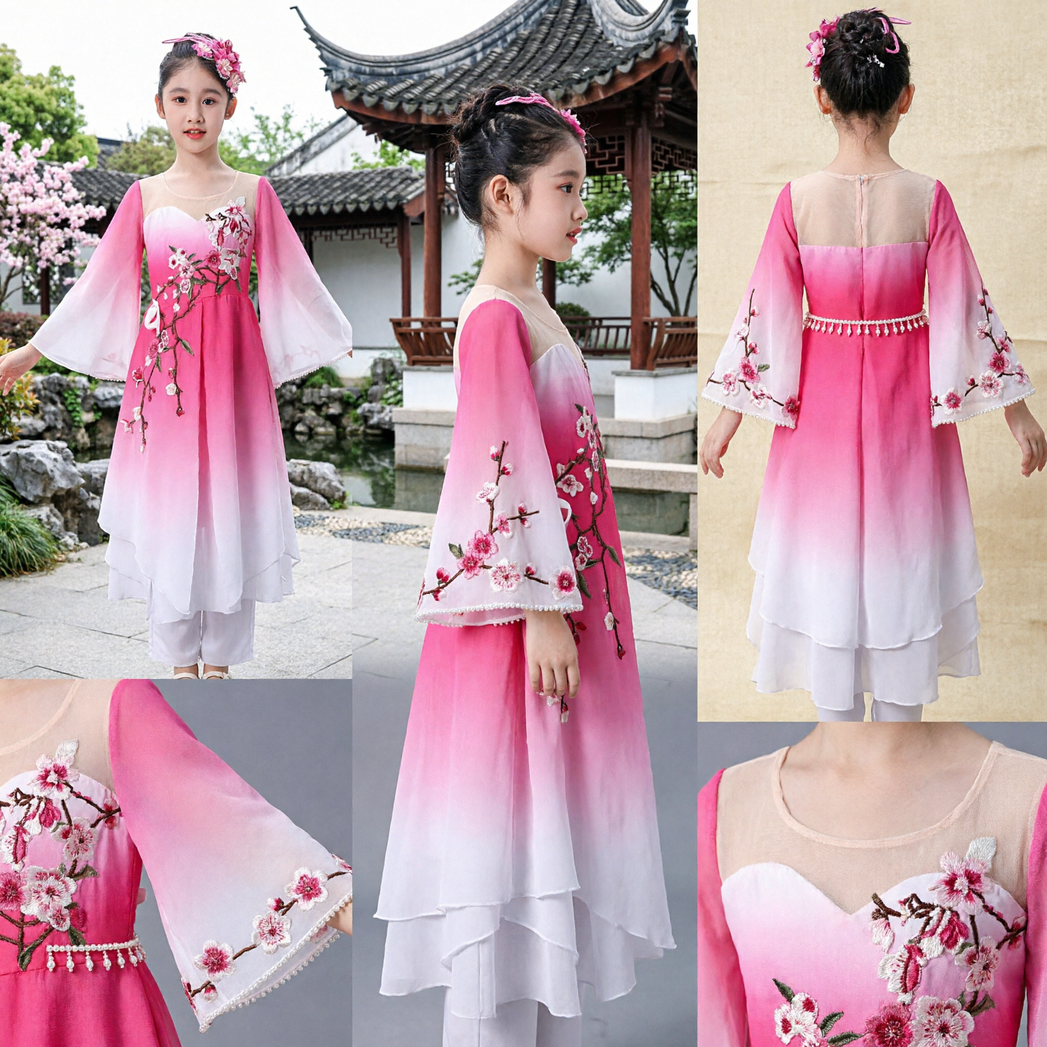 Traditionelles Chinesisches Kleid für Mädchen, rosa verläuftes Hanfu-Volkstanzkostüm mit Blumenstickerei, Kinder-Auftrittsoutfit - Asian Costume