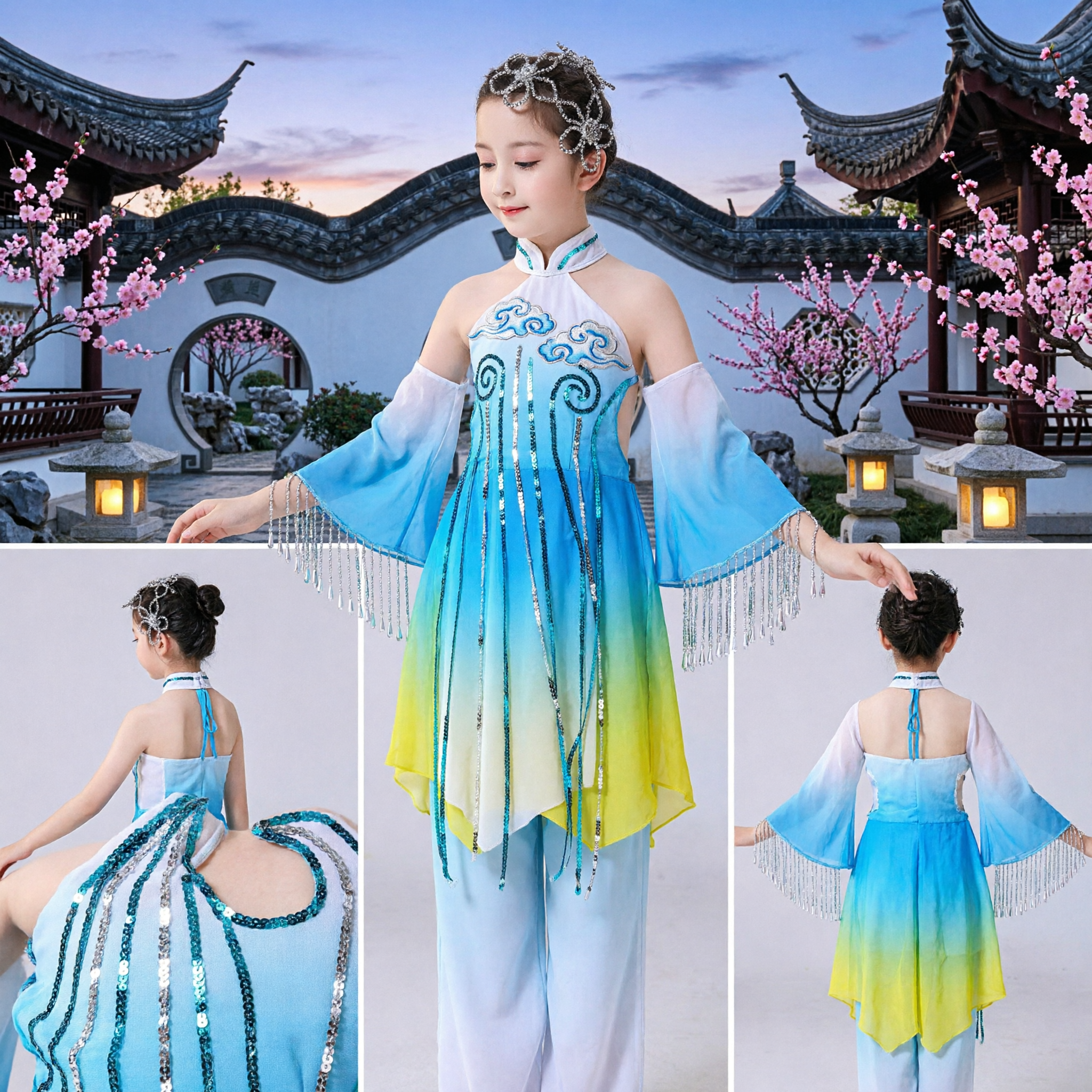 Chinesisches klassisches Tanzkostüm für Kinder, blaues verläuftes Trägerkleid für Mädchen mit Silberfransen für Bühnenauftritte - Asian Costume