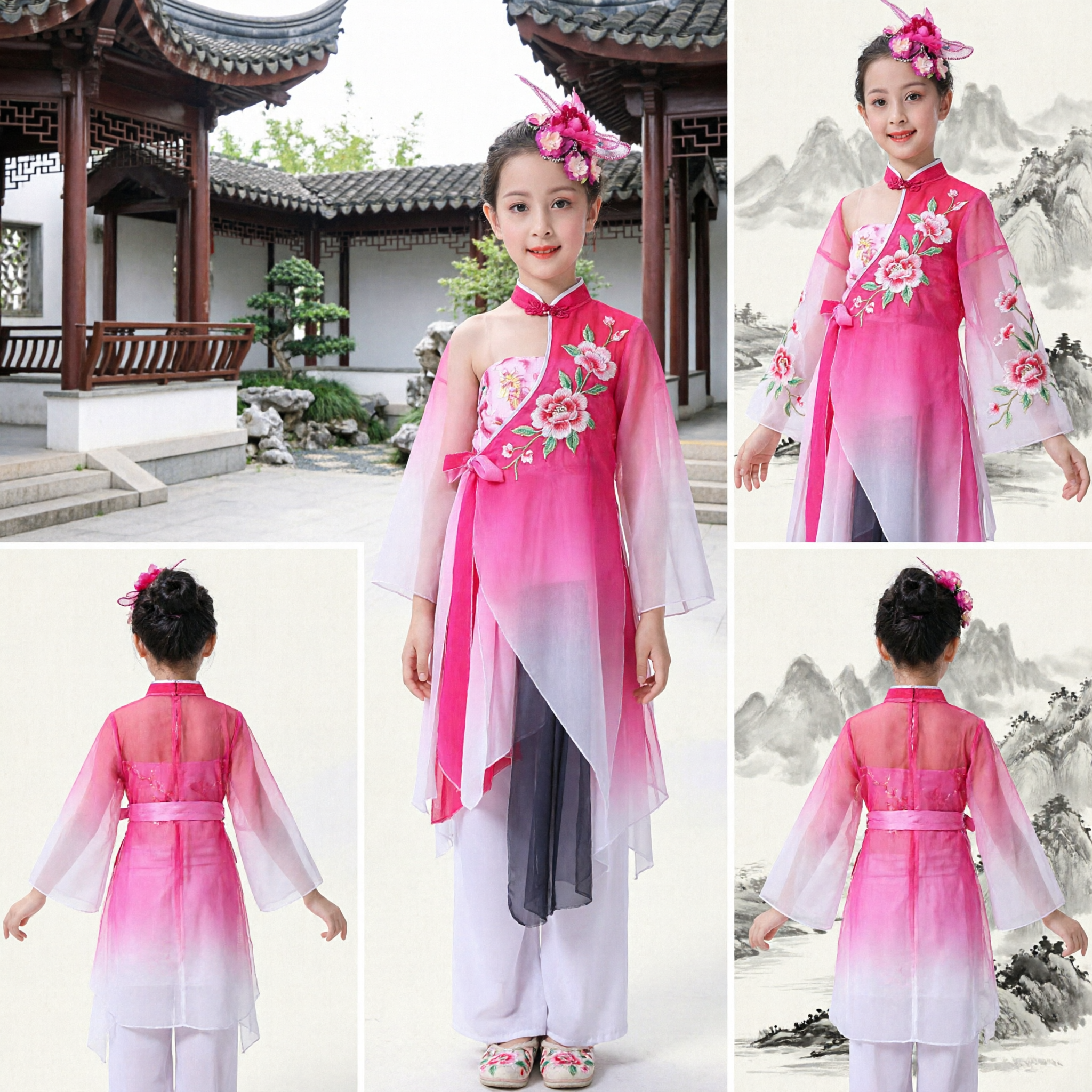 Roze Chinese Traditionele Danskostuum voor Meisjes Kinderen Klassieke Volksdans Optreden Outfit met Bloemen Hoofdtooi - Asian Costume