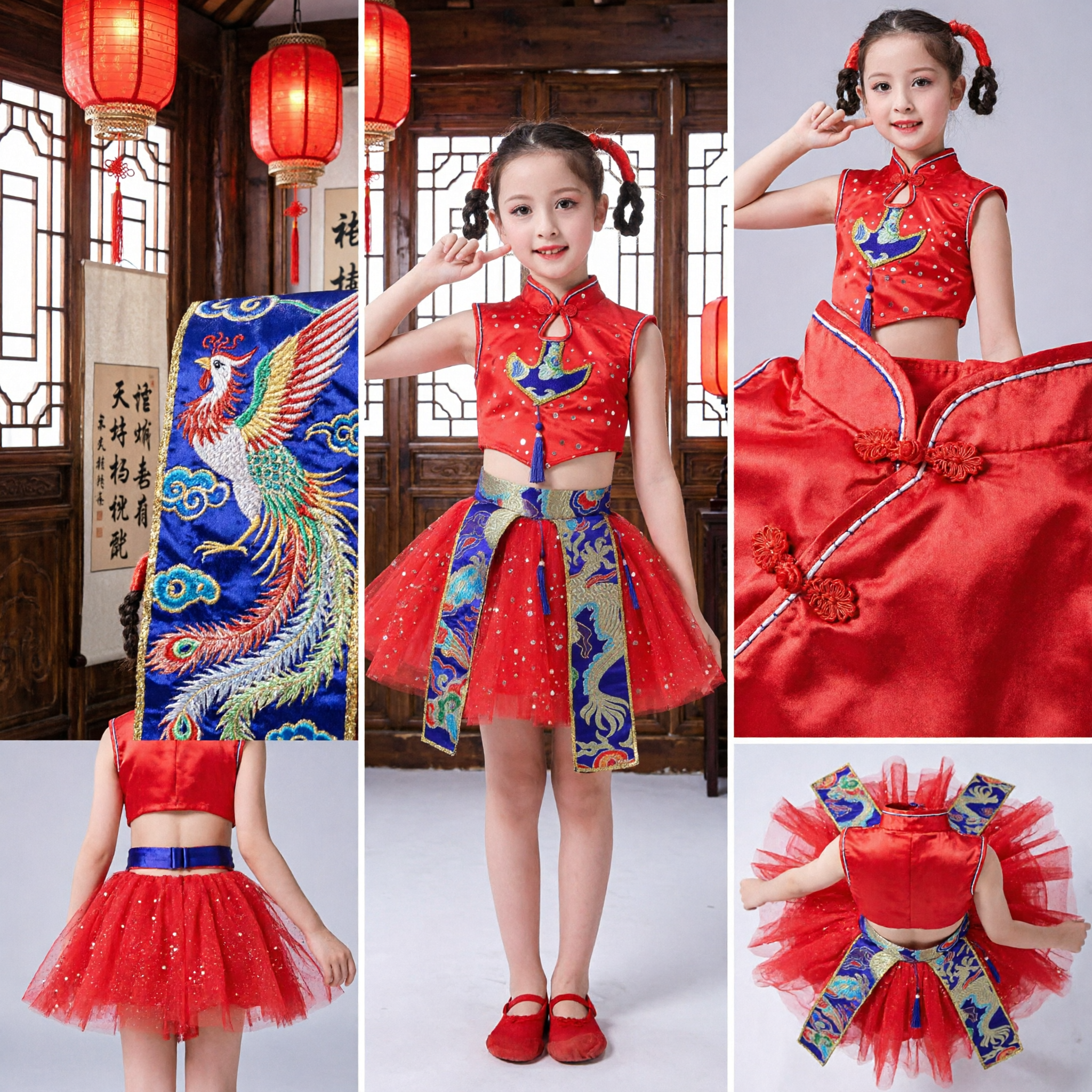 Meisjes Chinese Traditionele Danskostuum Rood Volksoptreden Outfit Draak Feniks Borduursel Top Rok Set - Asian Costume