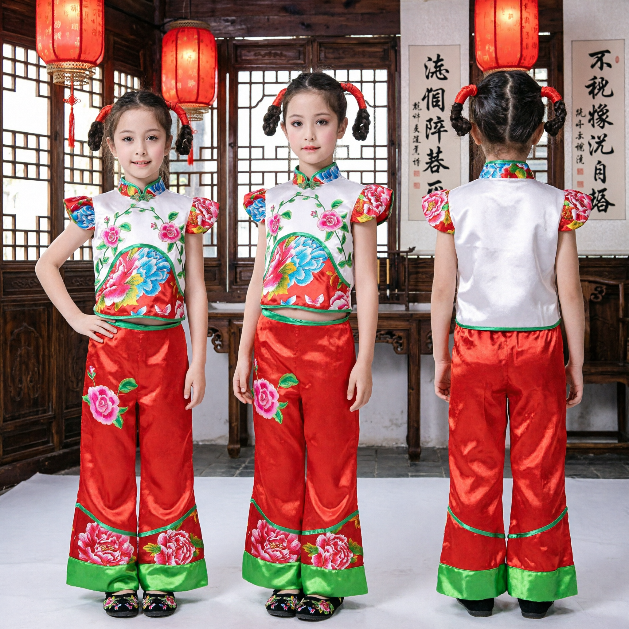 Chinese Volksdanskostuum voor Kinderen Meisjes Traditionele Yangge Podiumoptreden Bloementop Rode Broek - Asian Costume