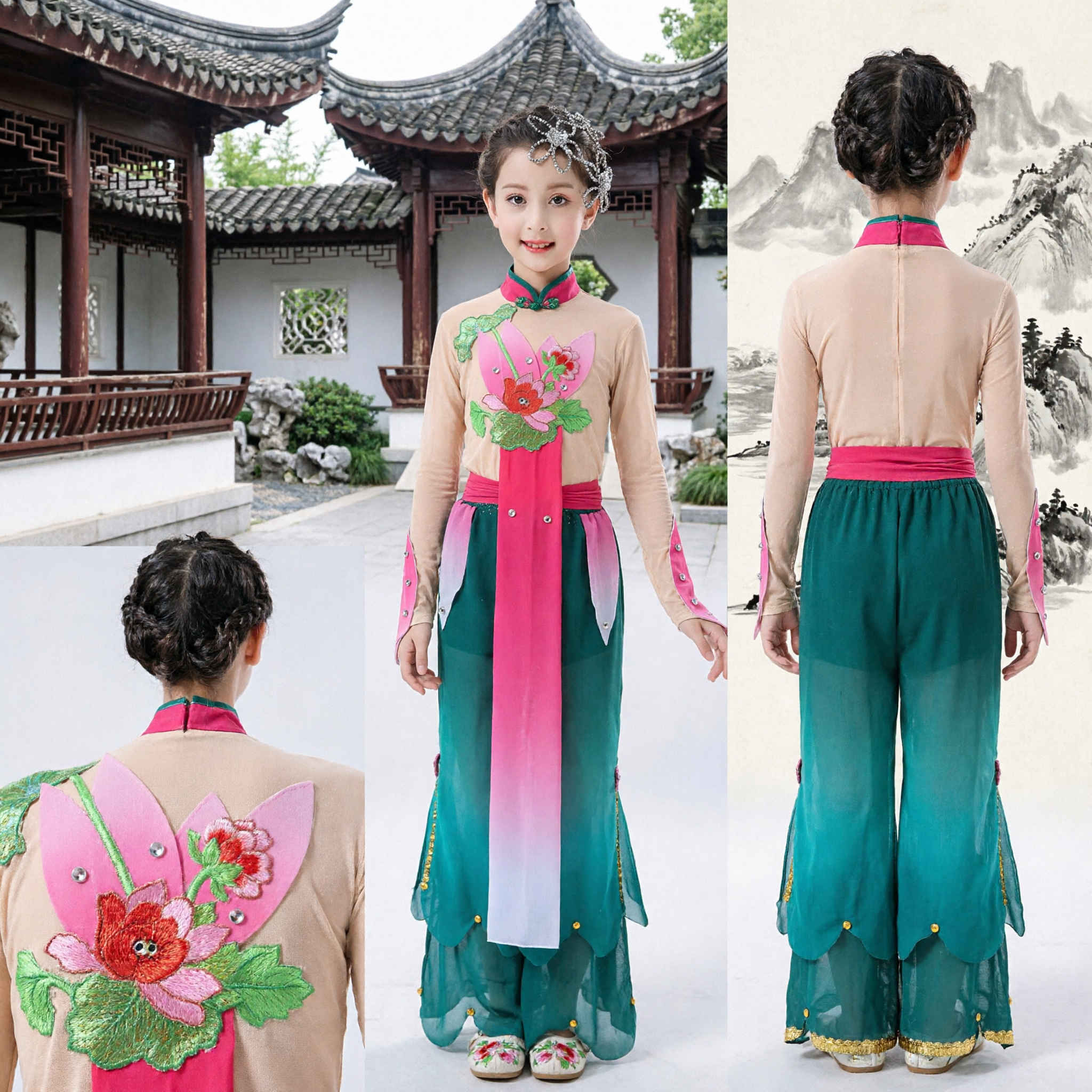 Chinese Folk Dance Costume for Girls Kids Lotus Flower Performance Outfit Traditional Stage Wear Dress - Asian Costume