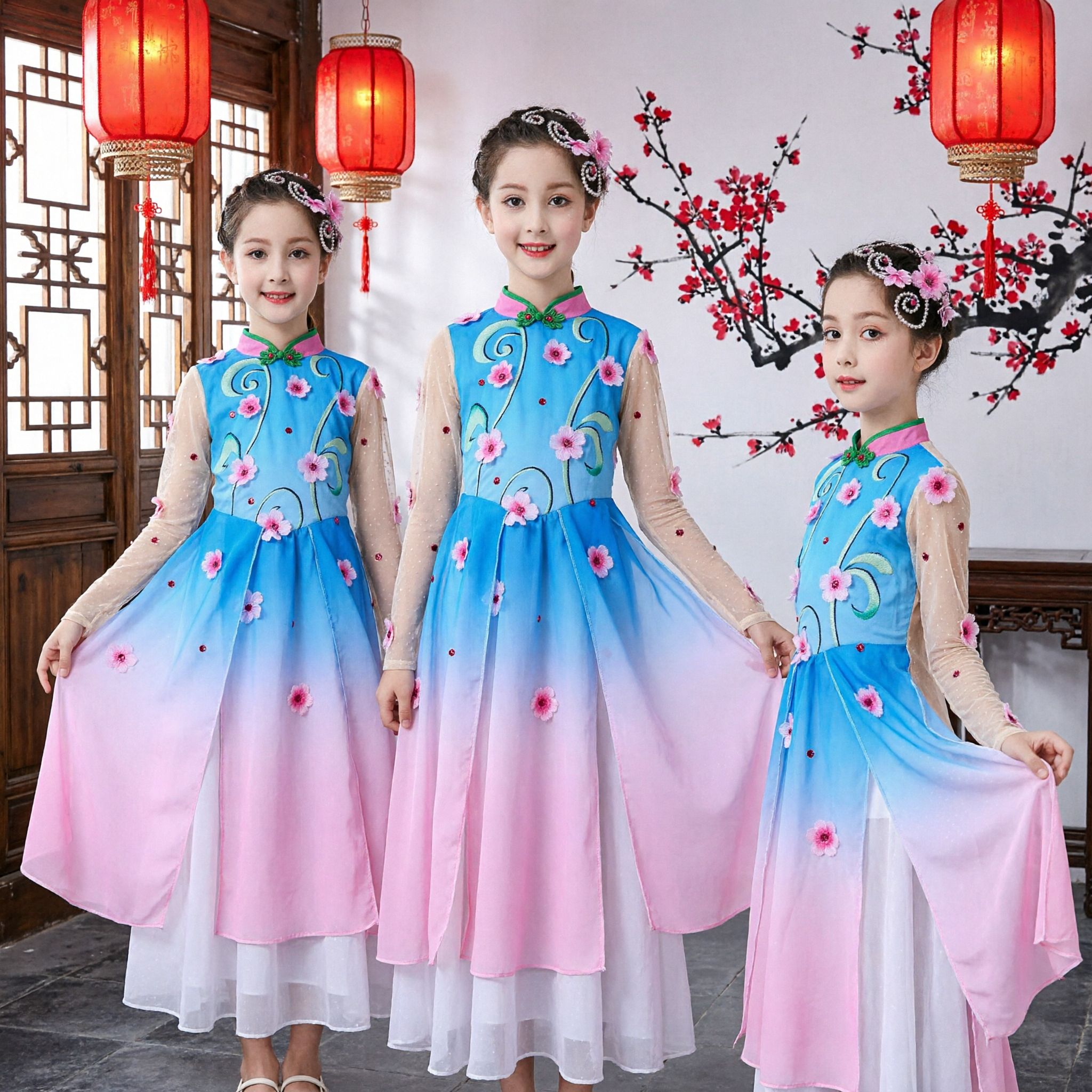 Traje Chinês Clássico de Dança para Crianças Meninas Vestido Azul Floral com Mangas Aqua para Performance no Palco - Asian Costume