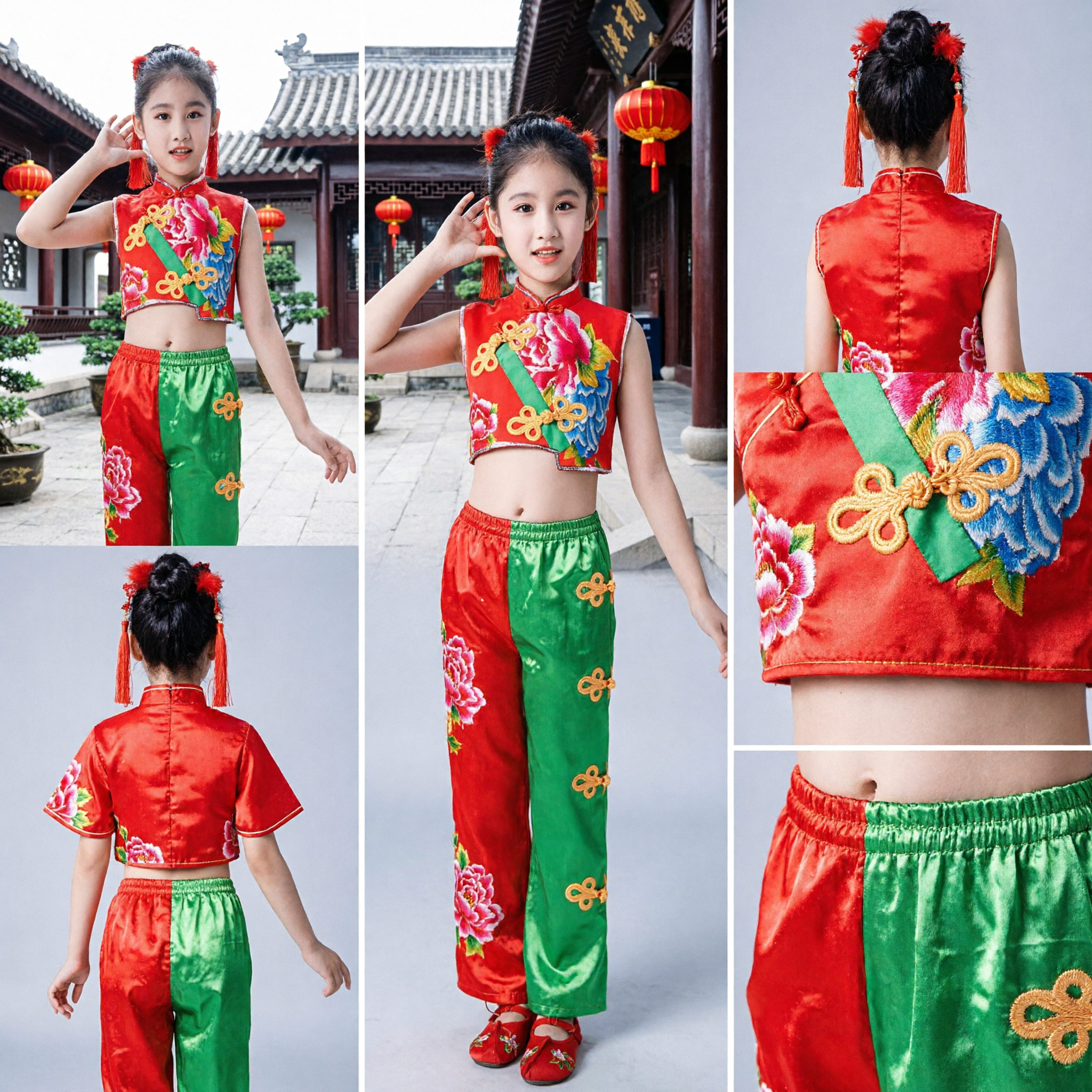 Kinderen Meisjes Traditioneel Chinese Volksdanskostuum Yangge Waaiers Dans Outfit Rood Groen Pioenroos Set - Asian Costume